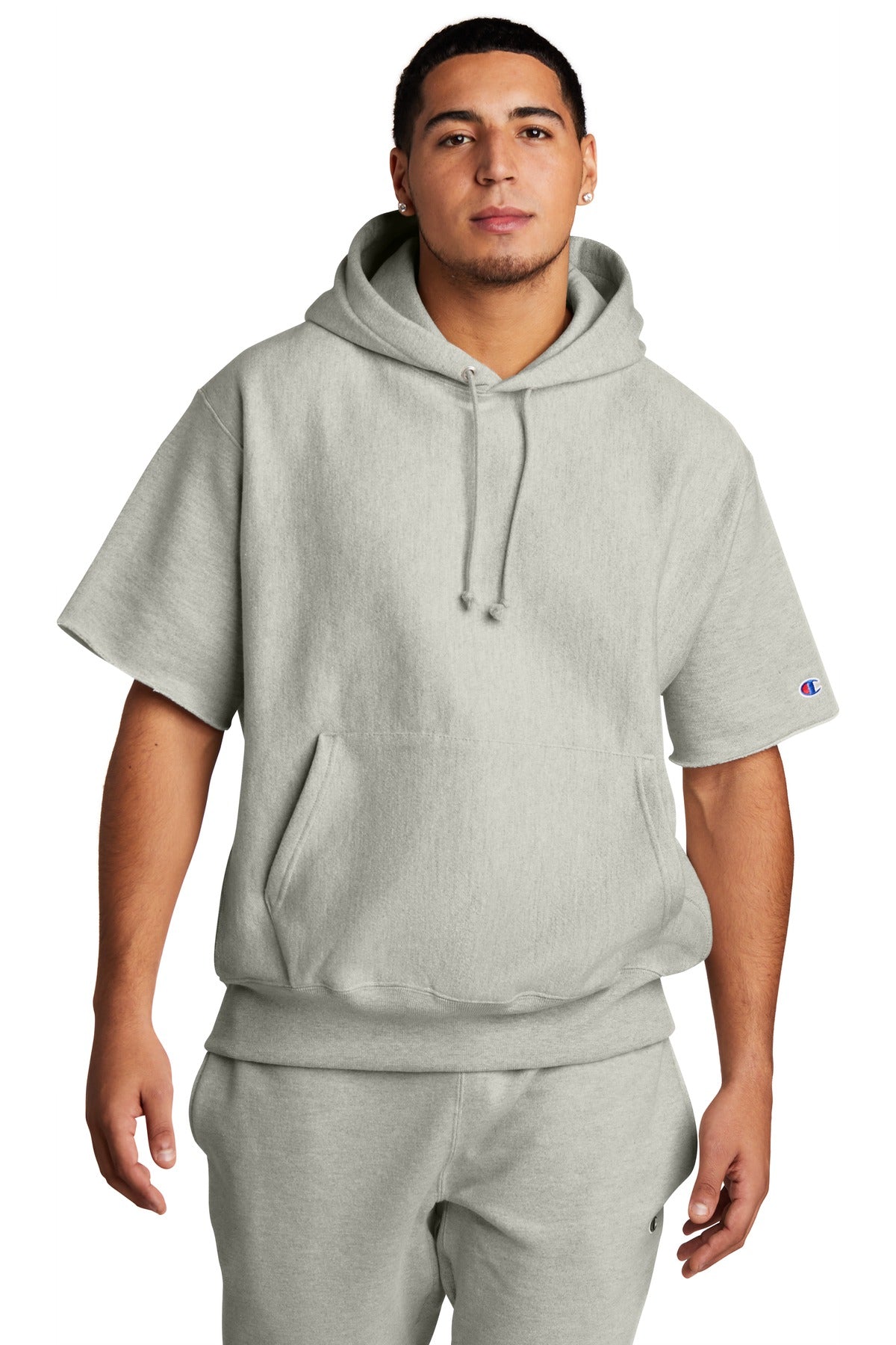 Champion   Reverse Weave   Short Sleeve Hooded Sweatshirt - Oxford Grey