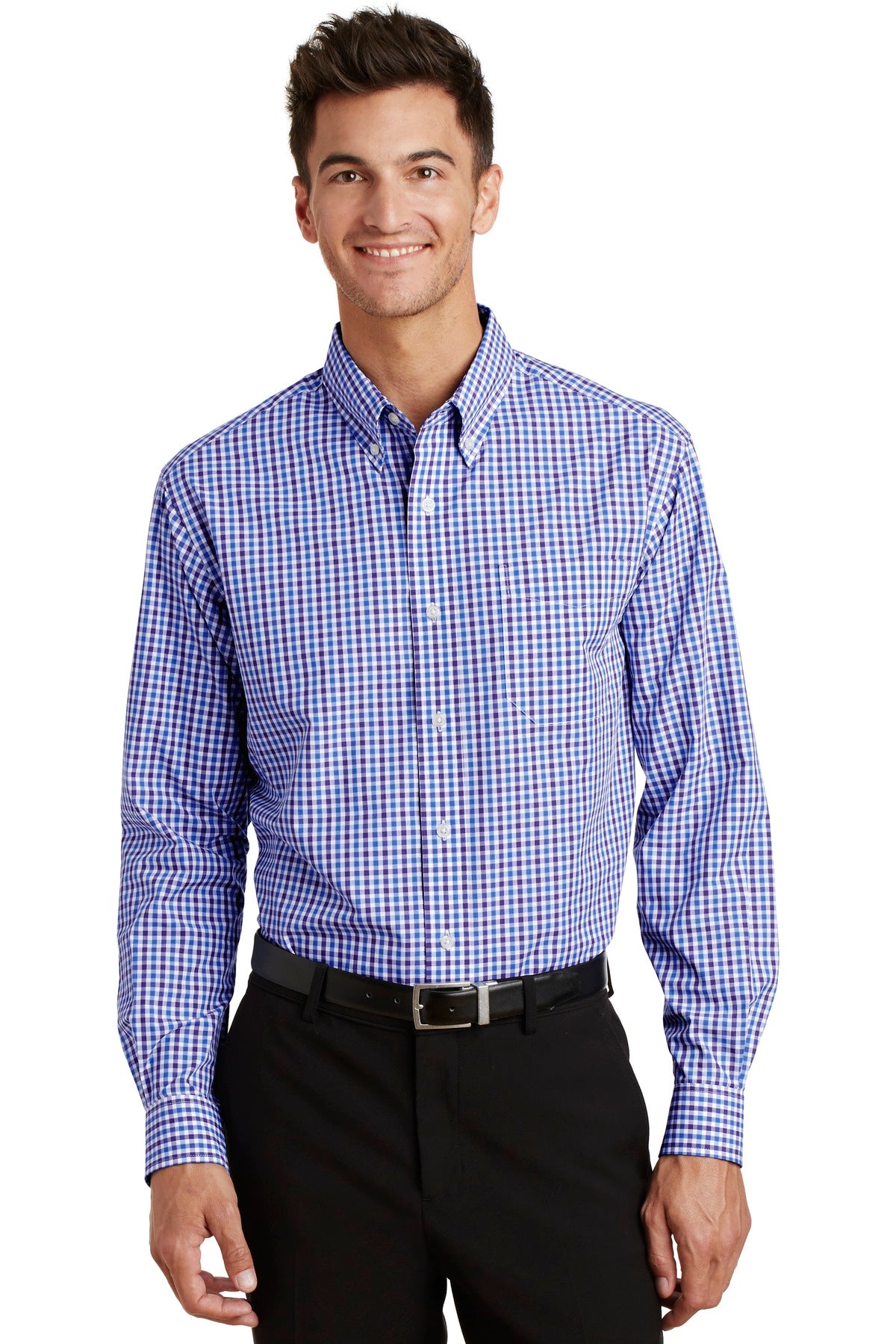 Port Authority Long Sleeve Gingham Easy Care Shirt - Blue/ Purple