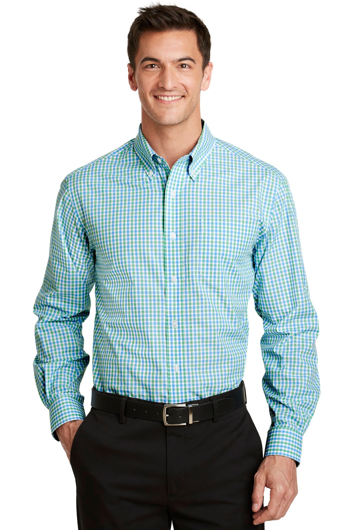 Port Authority Long Sleeve Gingham Easy Care Shirt - Green/ Aqua