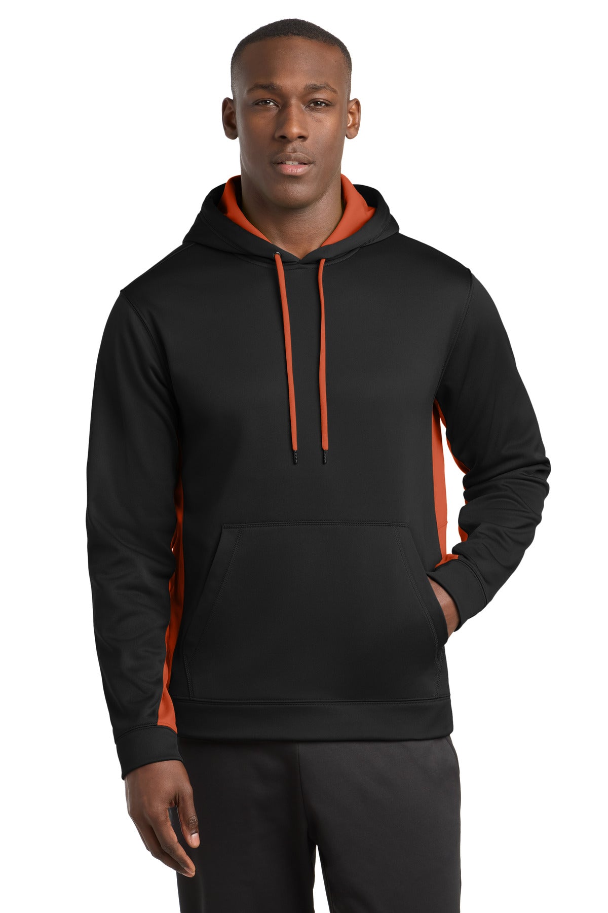 Sport-Tek Sport-Wick Fleece Colorblock Hooded Pullover - Black/ Deep Orange