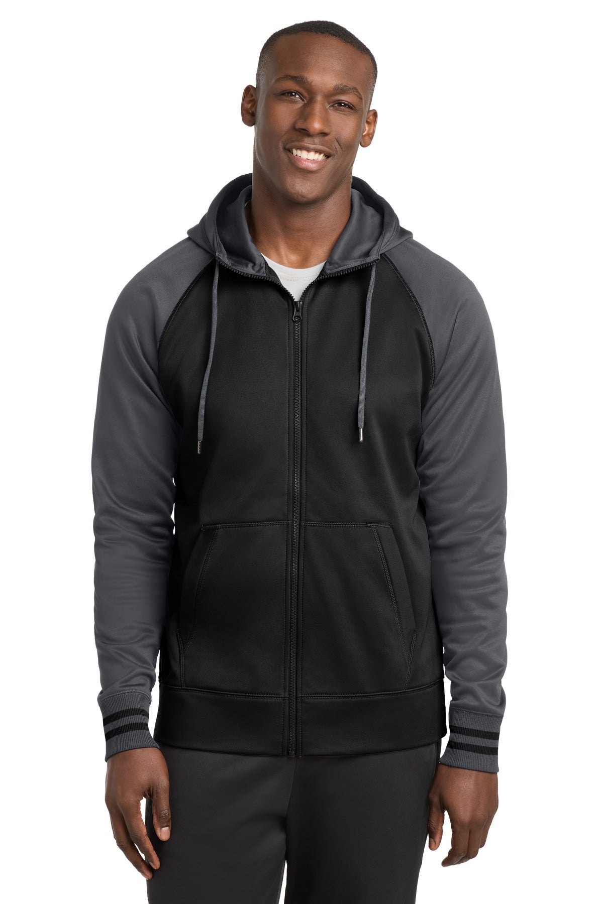 Sport-Tek Sport-Wick Varsity Fleece Full-Zip Hooded Jacket - Black/ Dark Smoke Grey