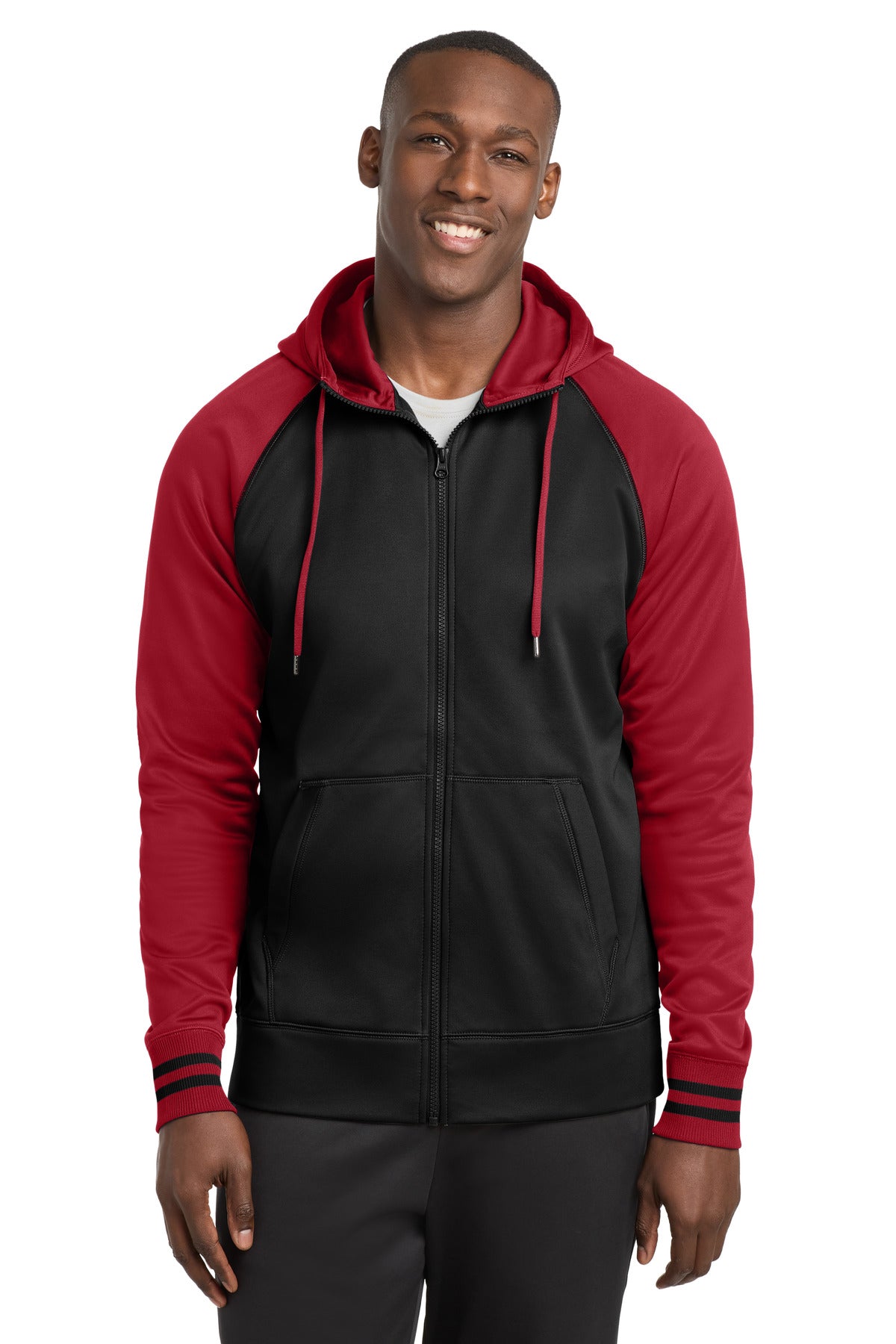 Sport-Tek Sport-Wick Varsity Fleece Full-Zip Hooded Jacket - Black/ Deep Red