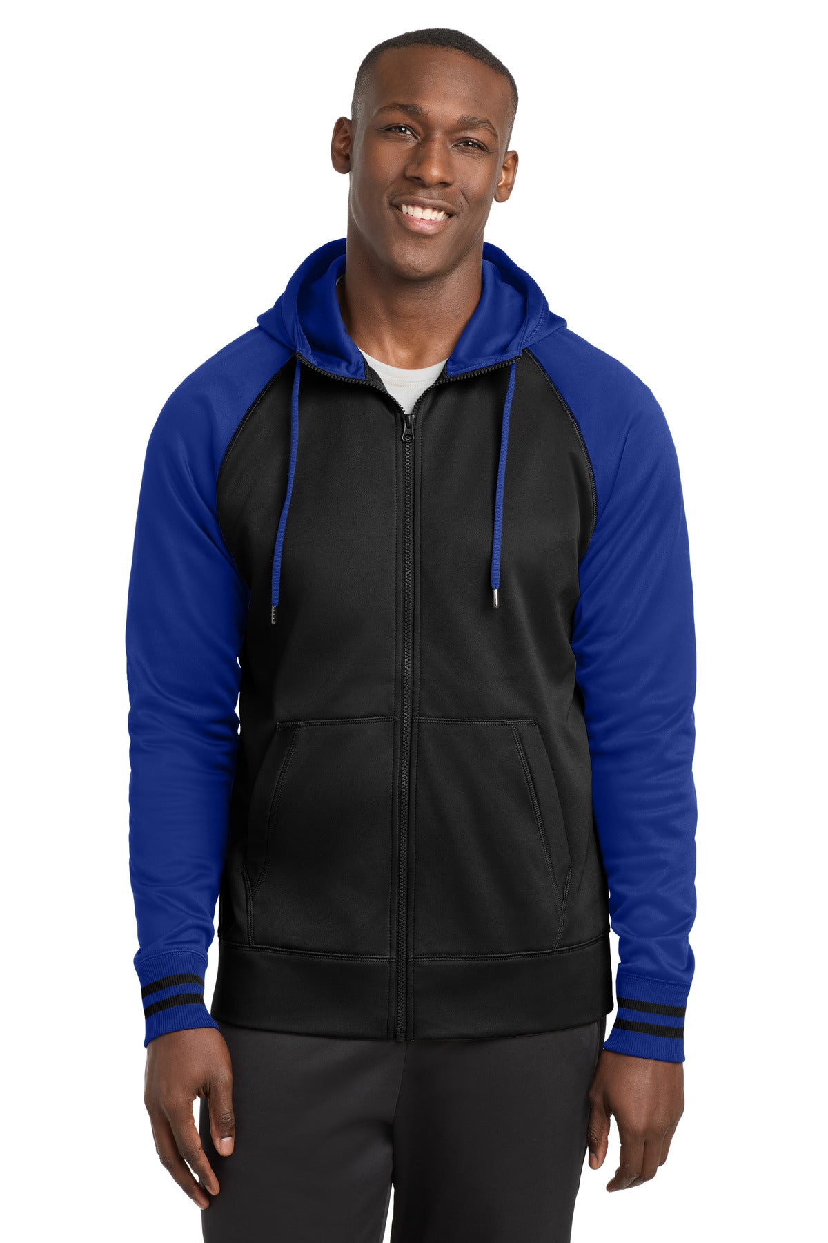 Sport-Tek Sport-Wick Varsity Fleece Full-Zip Hooded Jacket - Black/ True Royal