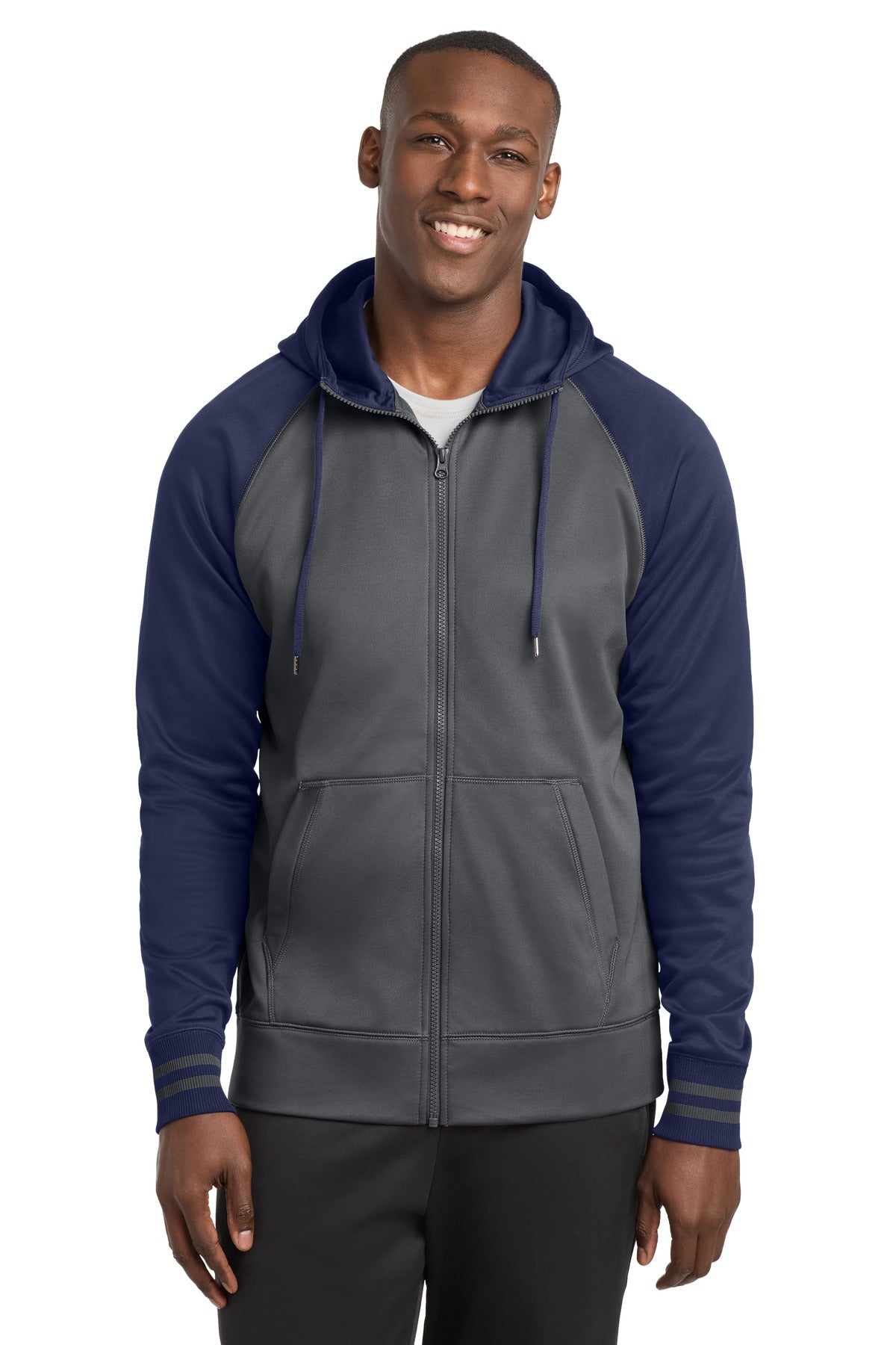 Sport-Tek Sport-Wick Varsity Fleece Full-Zip Hooded Jacket - Dark Smoke Grey/ Navy