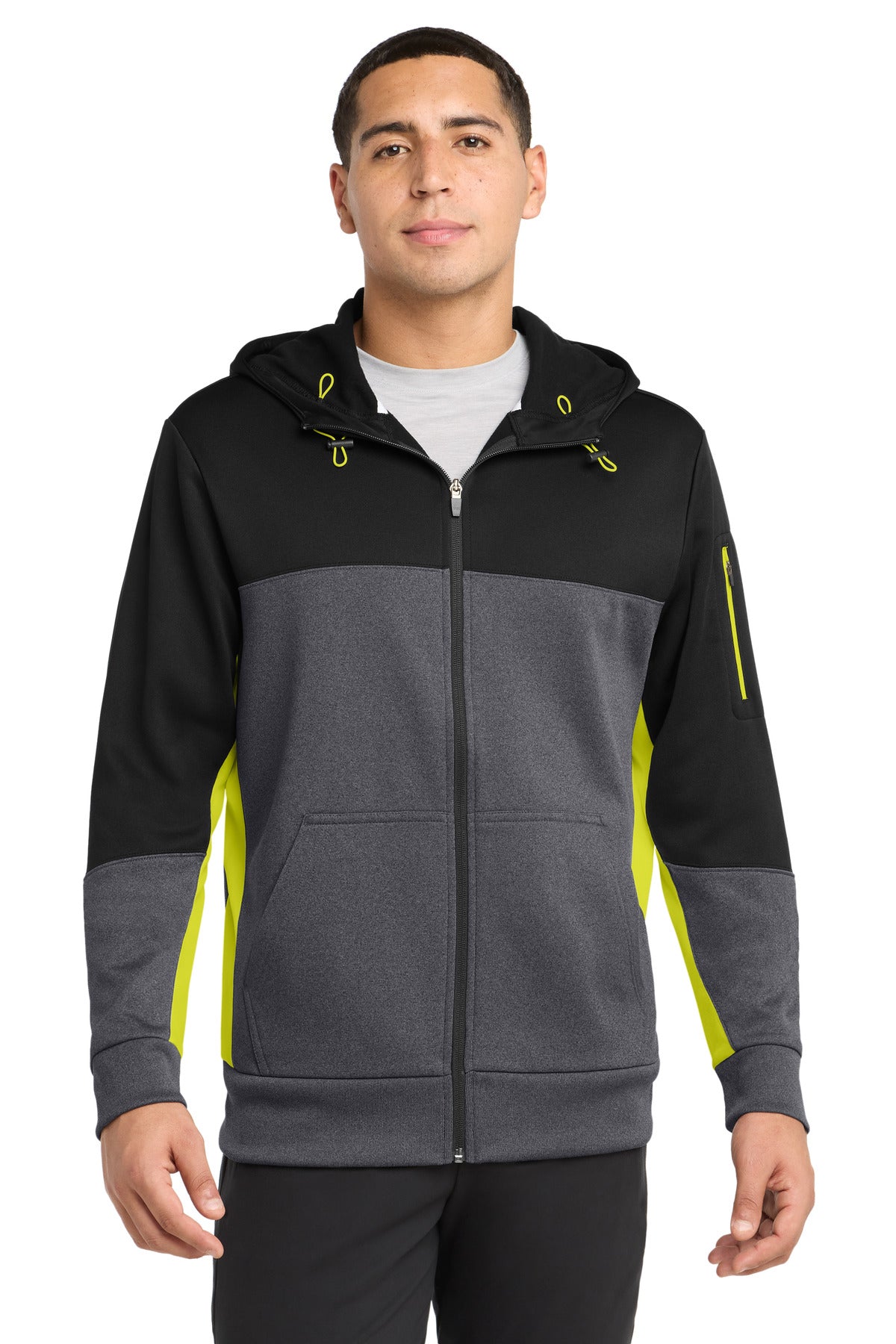 Sport-Tek Tech Fleece Colorblock Full-Zip Hooded Jacket - Black/ Graphite Heather/ Citron