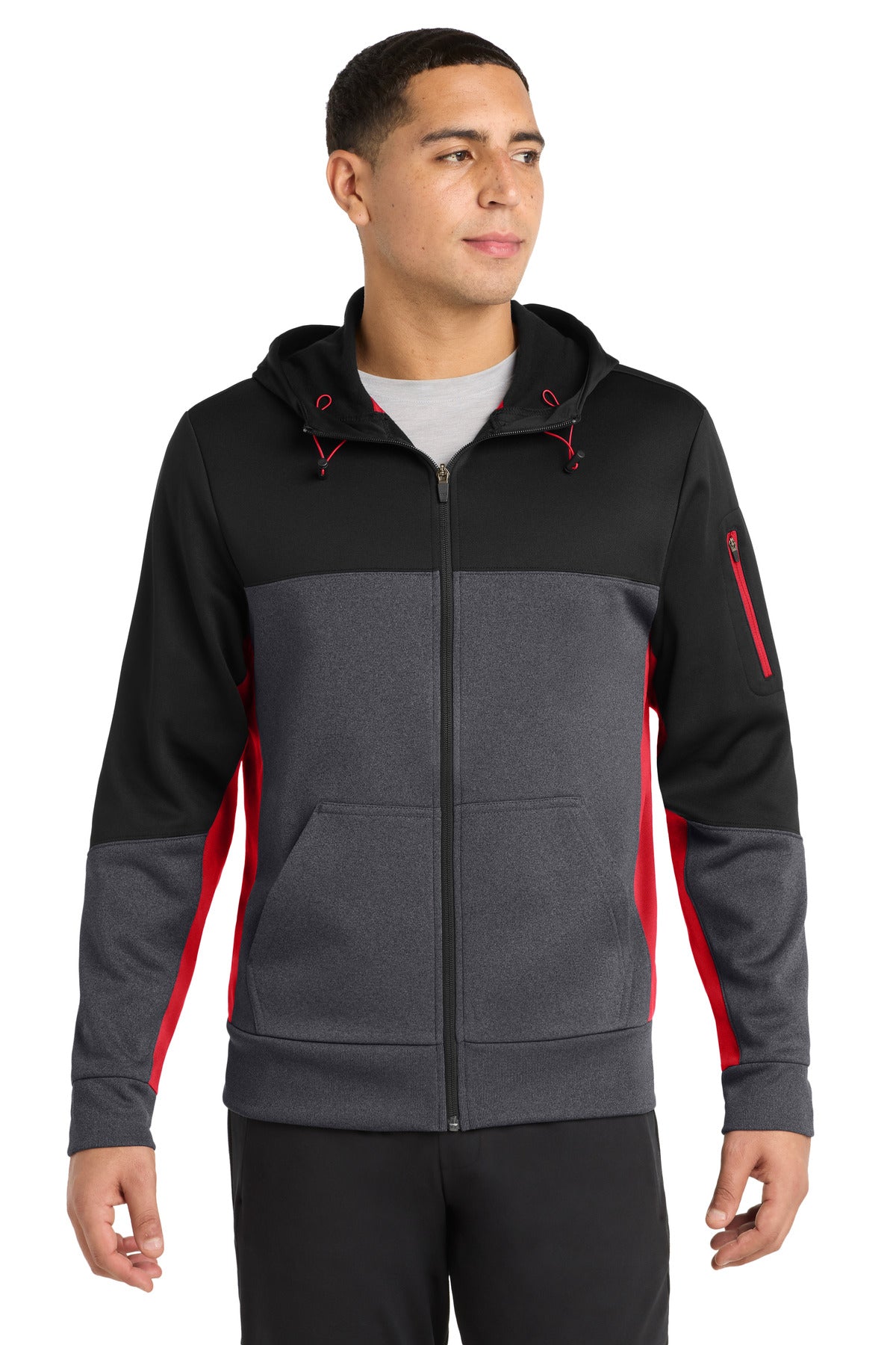 Sport-Tek Tech Fleece Colorblock Full-Zip Hooded Jacket - Black/ Graphite Heather/ True Red