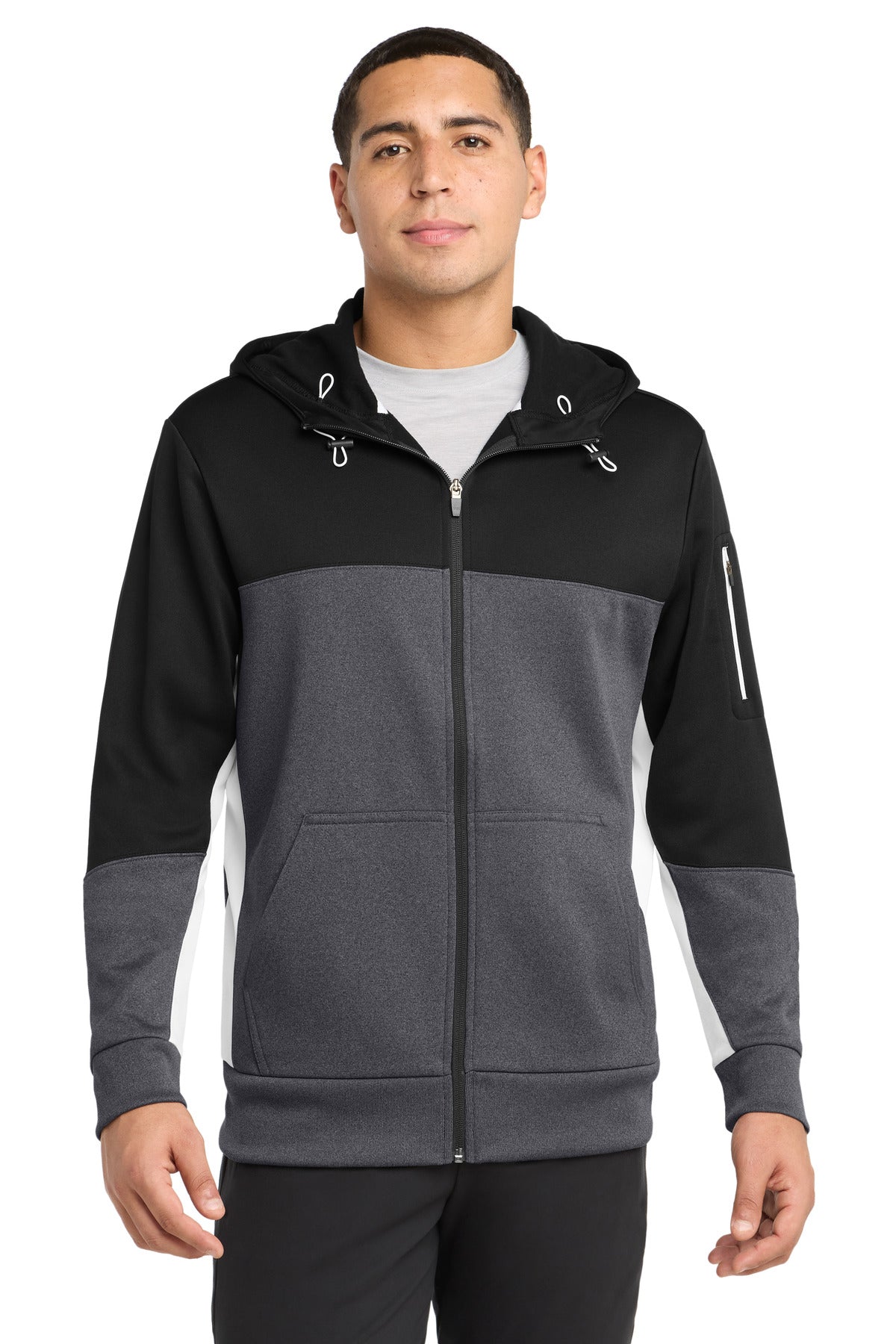 Sport-Tek Tech Fleece Colorblock Full-Zip Hooded Jacket - Black/ Graphite Heather/ White