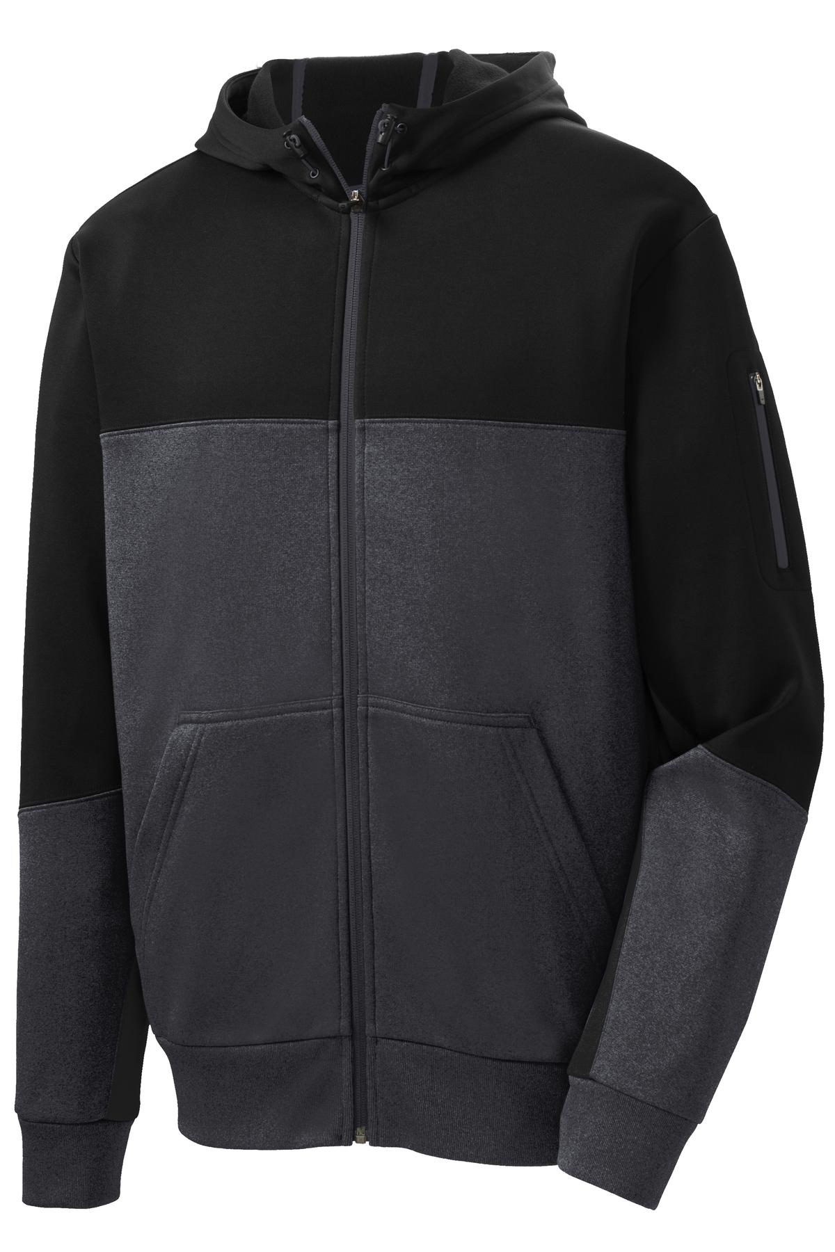 Sport-Tek Tech Fleece Colorblock Full-Zip Hooded Jacket - Black/ Graphite Heather/ Black