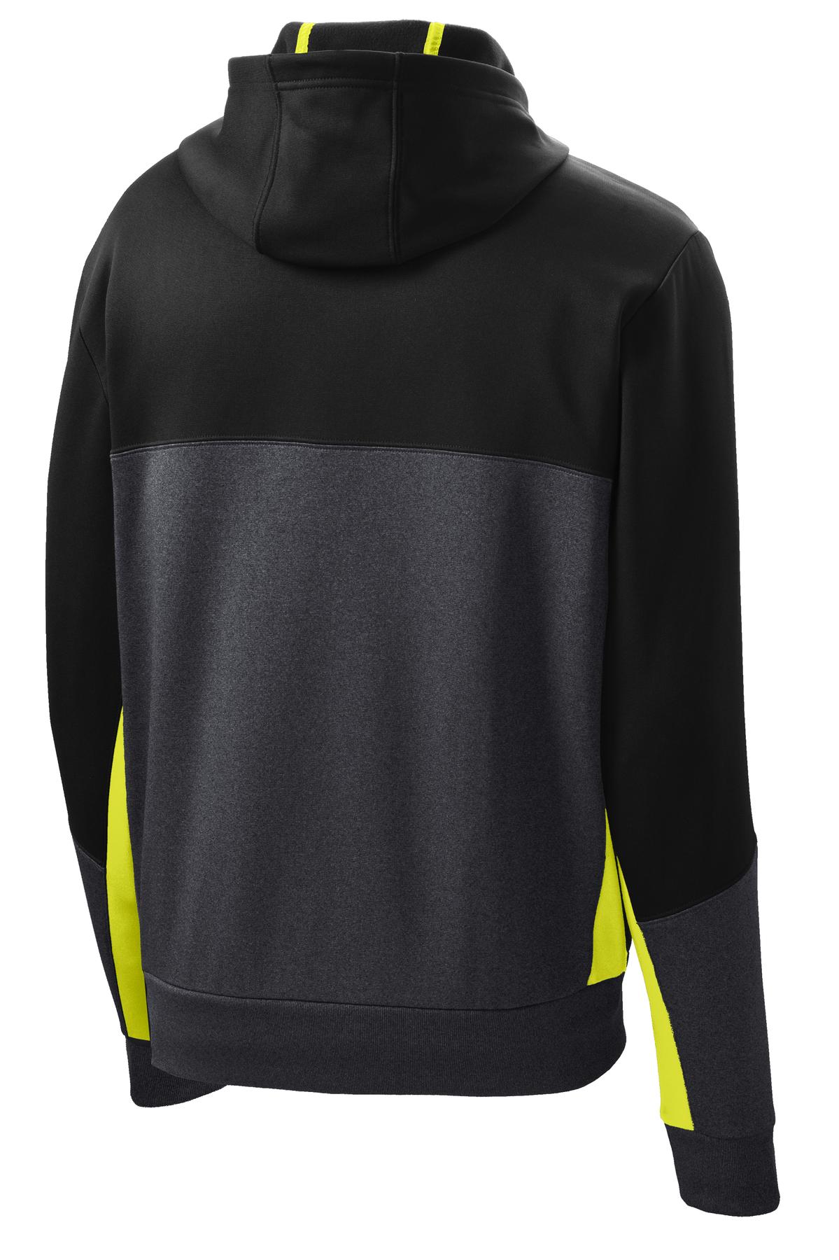 Sport-Tek Tech Fleece Colorblock Full-Zip Hooded Jacket - Black/ Graphite Heather/ Citron