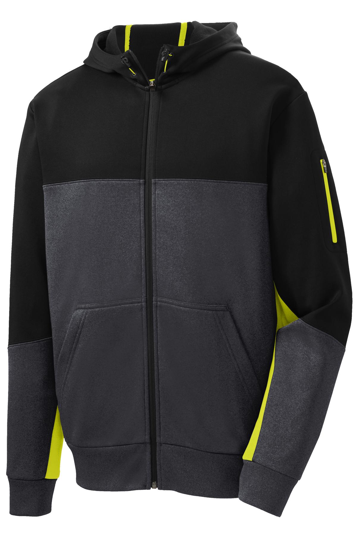 Sport-Tek Tech Fleece Colorblock Full-Zip Hooded Jacket - Black/ Graphite Heather/ Citron