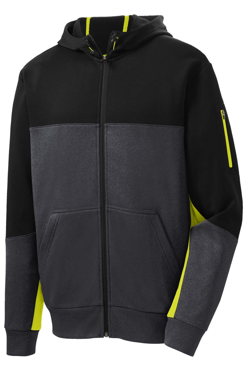 Sport-Tek Tech Fleece Colorblock Full-Zip Hooded Jacket - Black/ Graphite Heather/ Citron