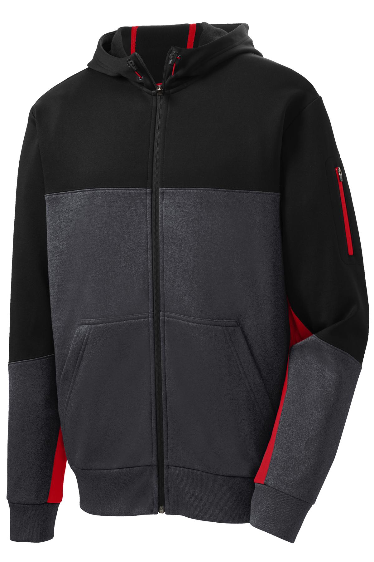 Sport-Tek Tech Fleece Colorblock Full-Zip Hooded Jacket - Black/ Graphite Heather/ True Red