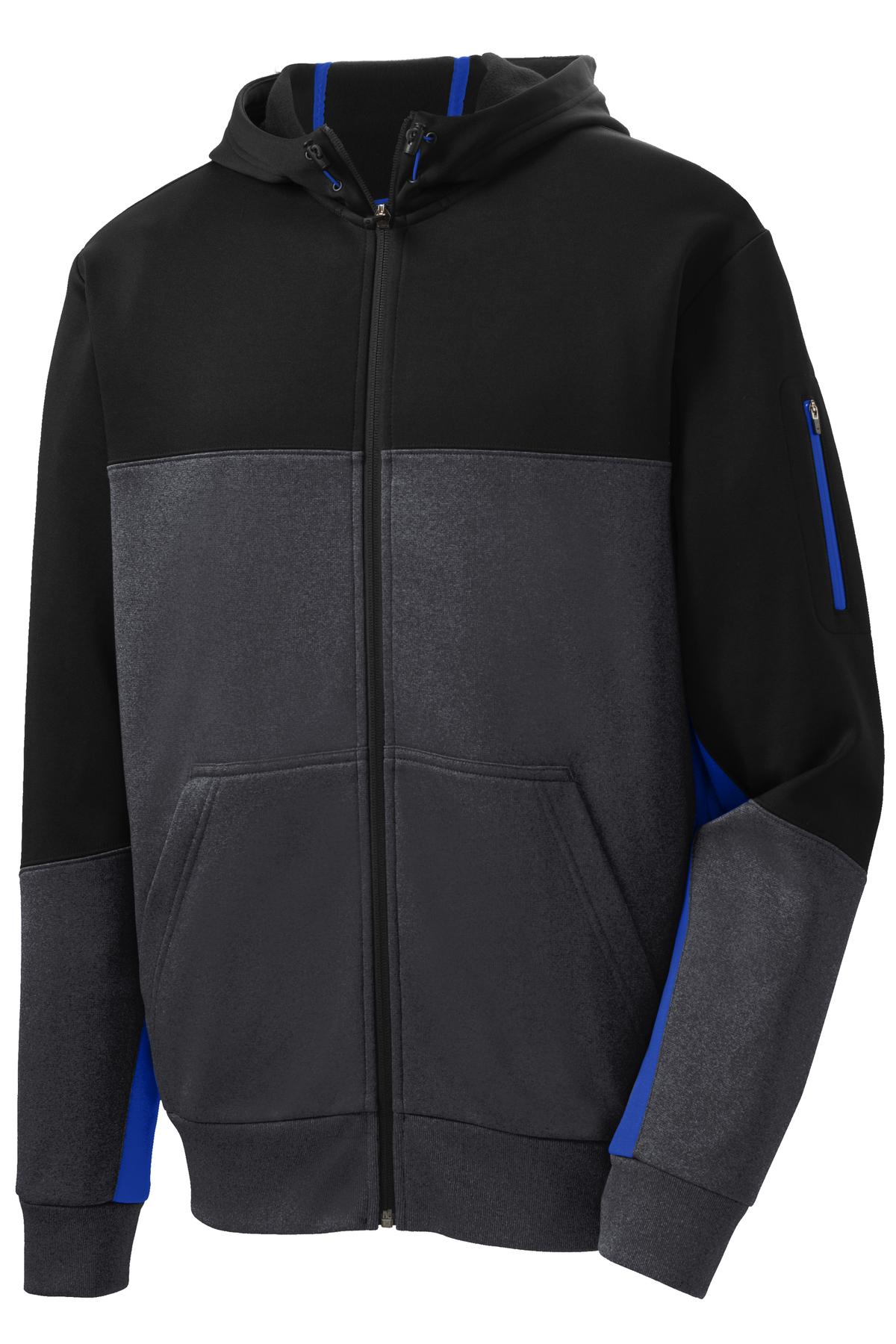 Sport-Tek Tech Fleece Colorblock Full-Zip Hooded Jacket - Black/ Graphite Heather/ True Royal