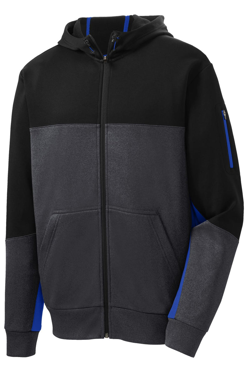 Sport-Tek Tech Fleece Colorblock Full-Zip Hooded Jacket - Black/ Graphite Heather/ True Royal