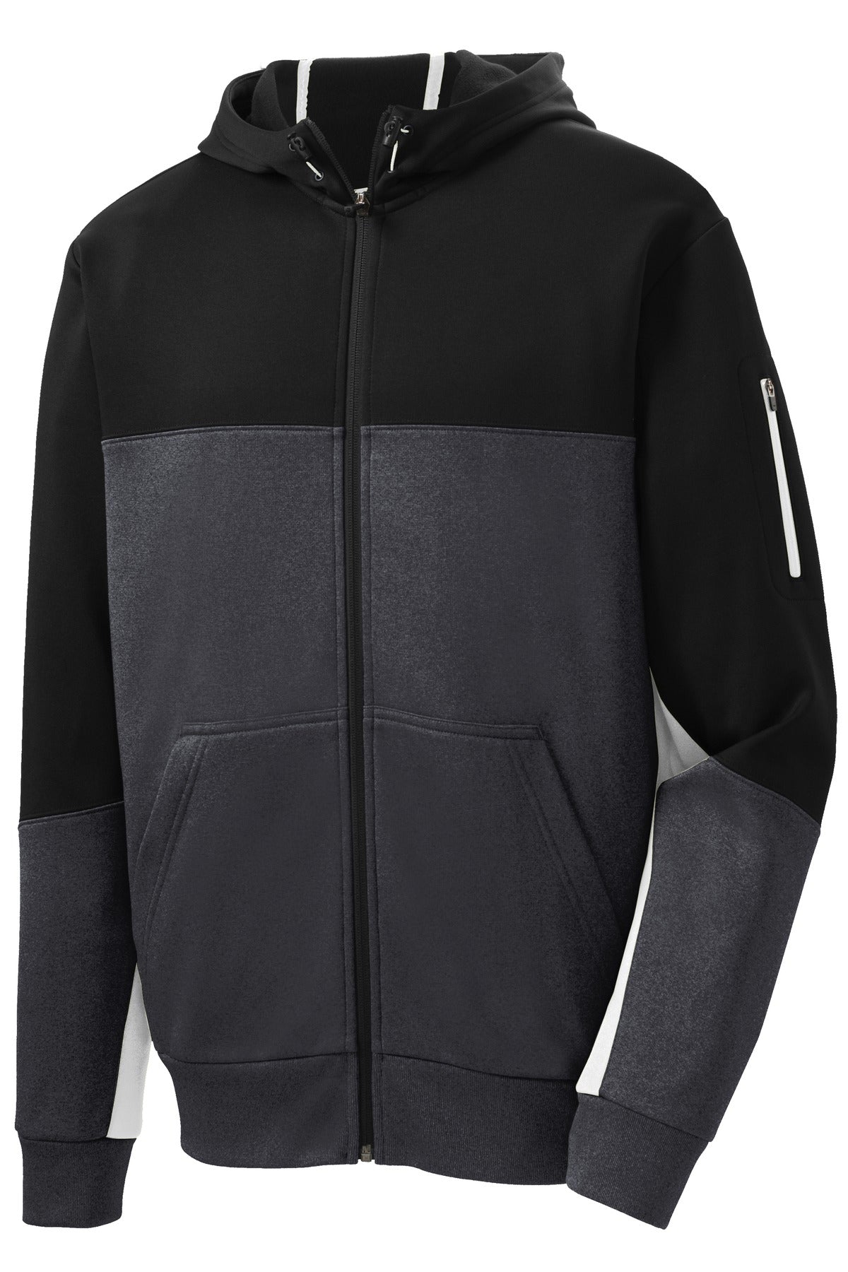 Sport-Tek Tech Fleece Colorblock Full-Zip Hooded Jacket - Black/ Graphite Heather/ White