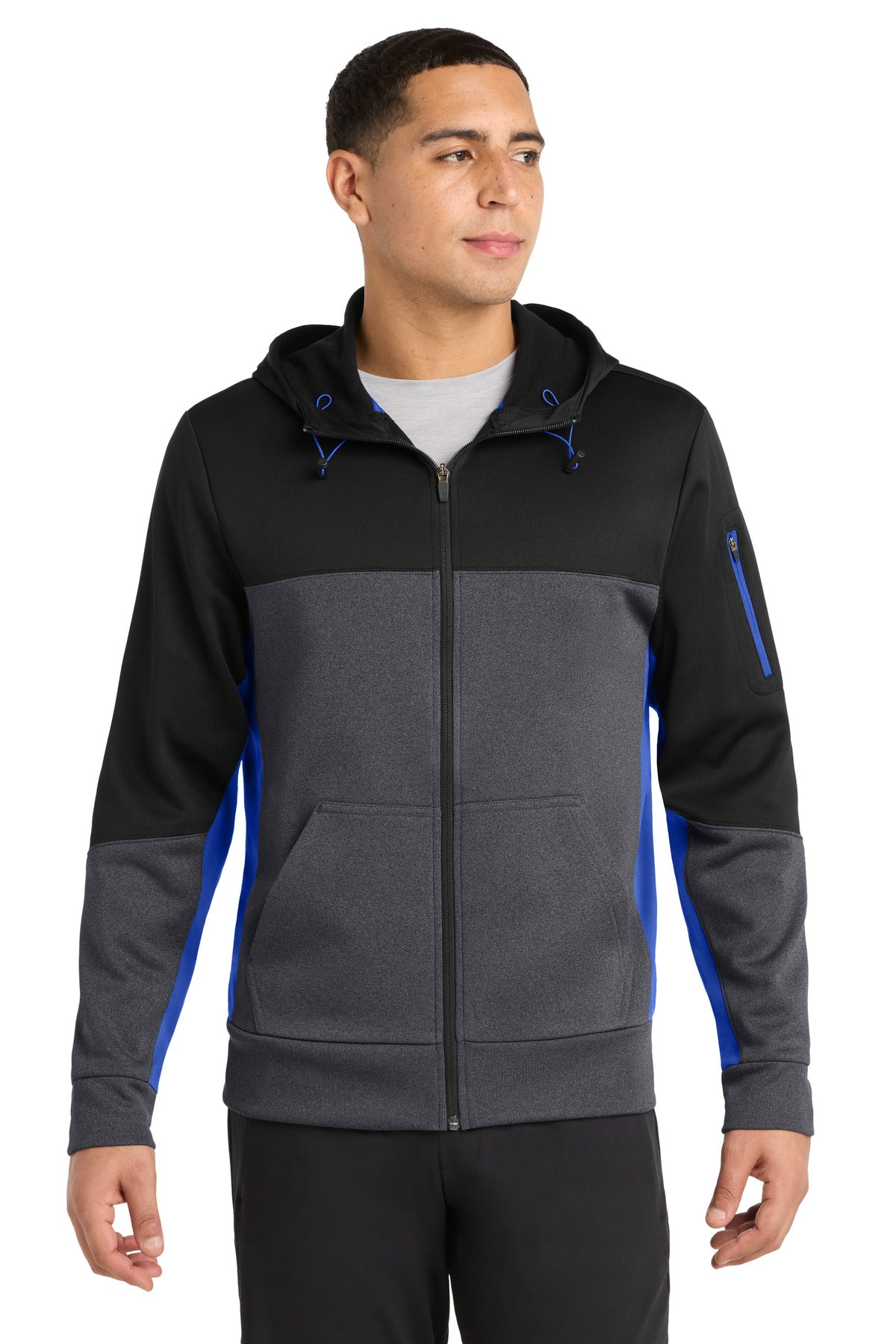 Sport-Tek Tech Fleece Colorblock Full-Zip Hooded Jacket - Black/ Graphite Heather/ True Royal