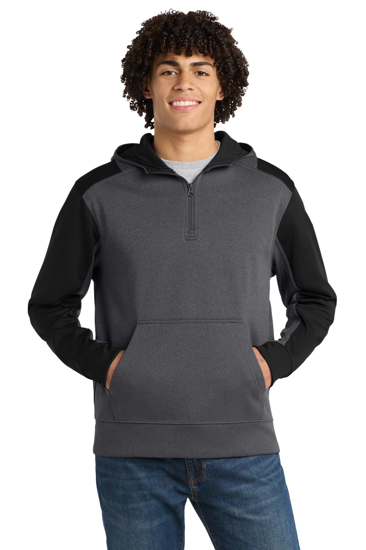 Sport-Tek  Tech Fleece Colorblock 1/4-Zip Hooded Sweatshirt - Graphite Heather/ Black