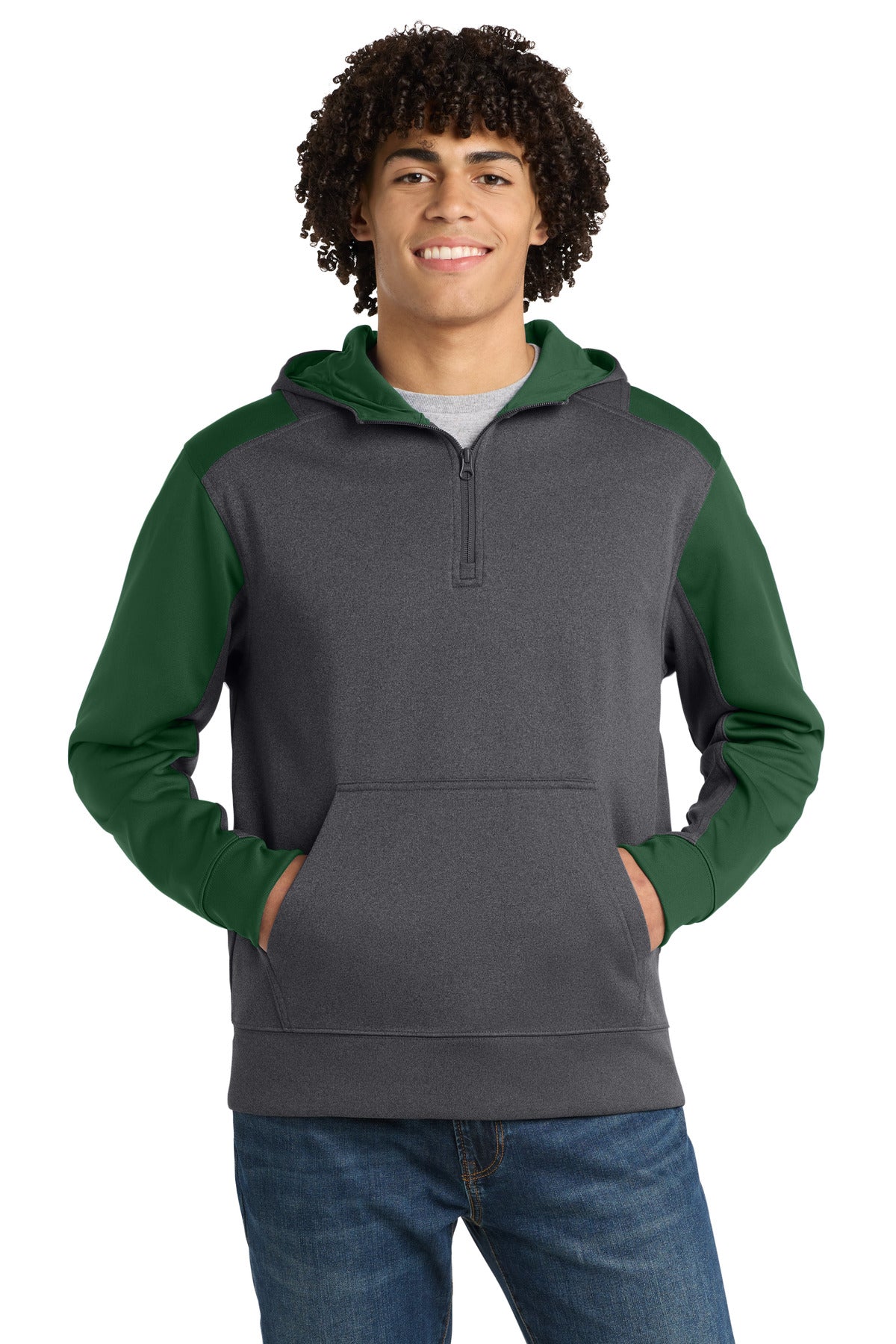 Sport-Tek  Tech Fleece Colorblock 1/4-Zip Hooded Sweatshirt - Graphite Heather/ Forest Green