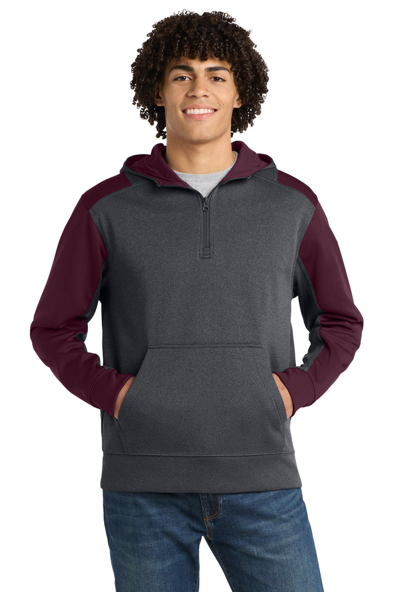Sport-Tek  Tech Fleece Colorblock 1/4-Zip Hooded Sweatshirt - Graphite Heather/ Maroon