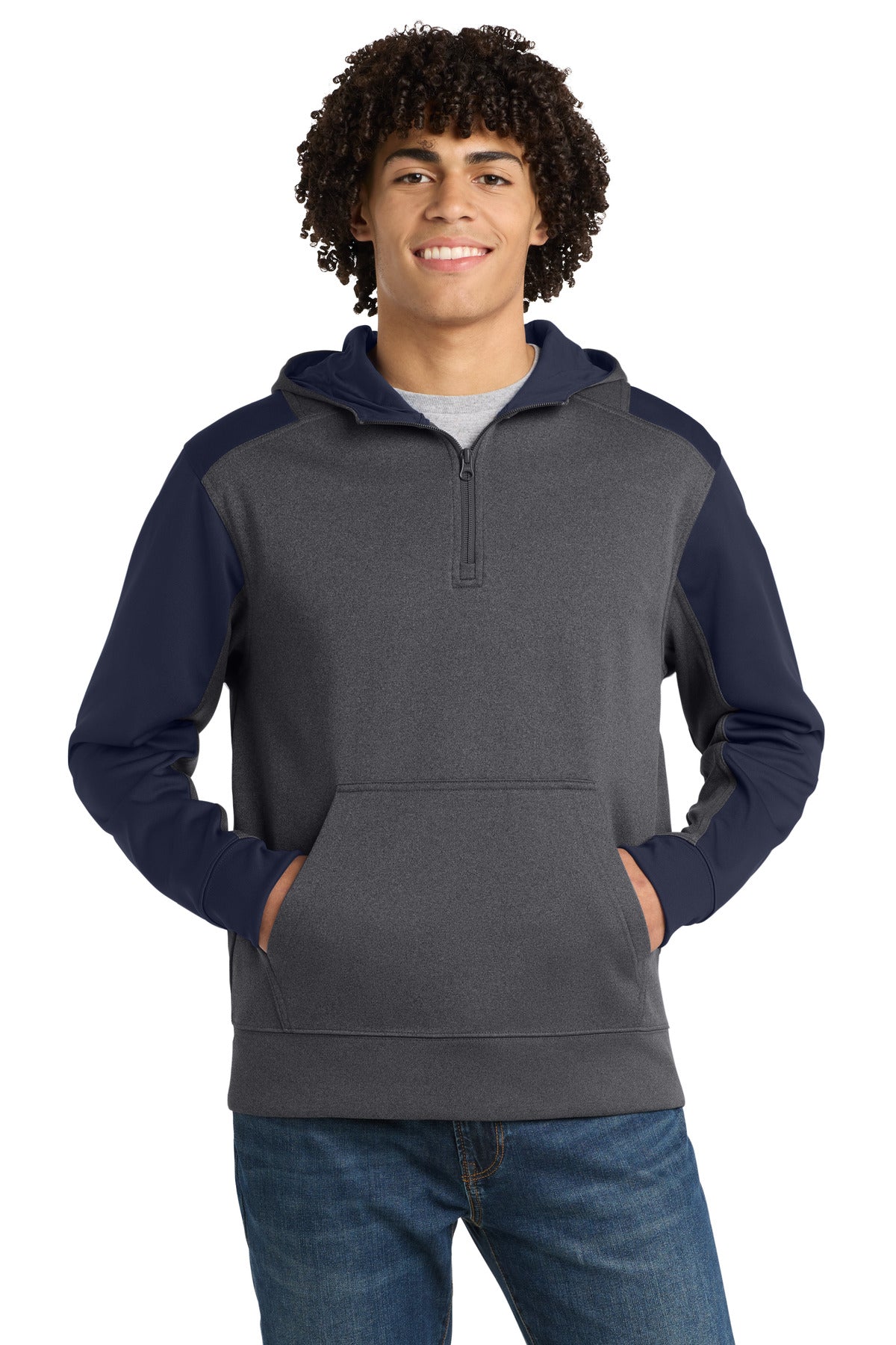 Sport-Tek  Tech Fleece Colorblock 1/4-Zip Hooded Sweatshirt - Graphite Heather/ True Navy