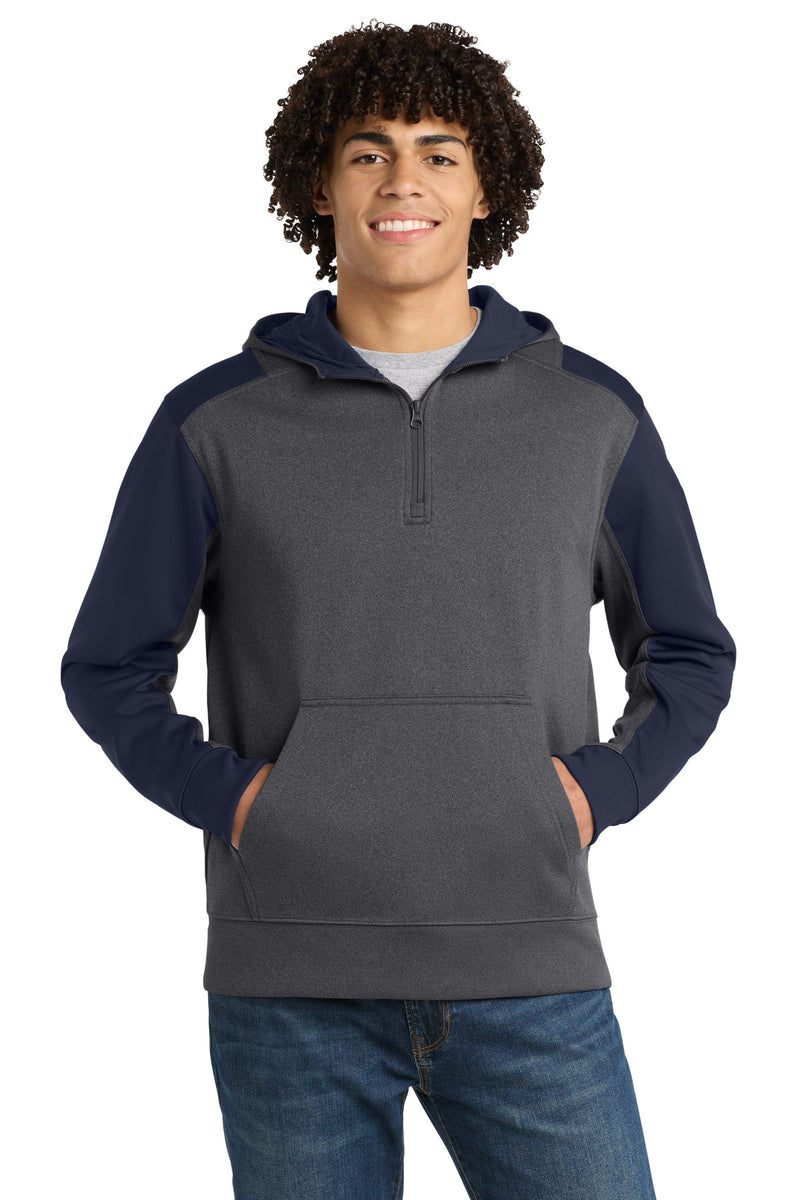 Sport-Tek  Tech Fleece Colorblock 1/4-Zip Hooded Sweatshirt - Graphite Heather/ True Navy