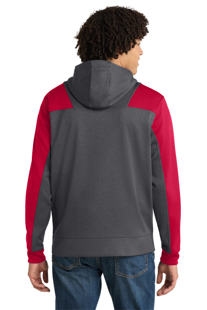 Sport-Tek  Tech Fleece Colorblock 1/4-Zip Hooded Sweatshirt - Graphite Heather/ True Red