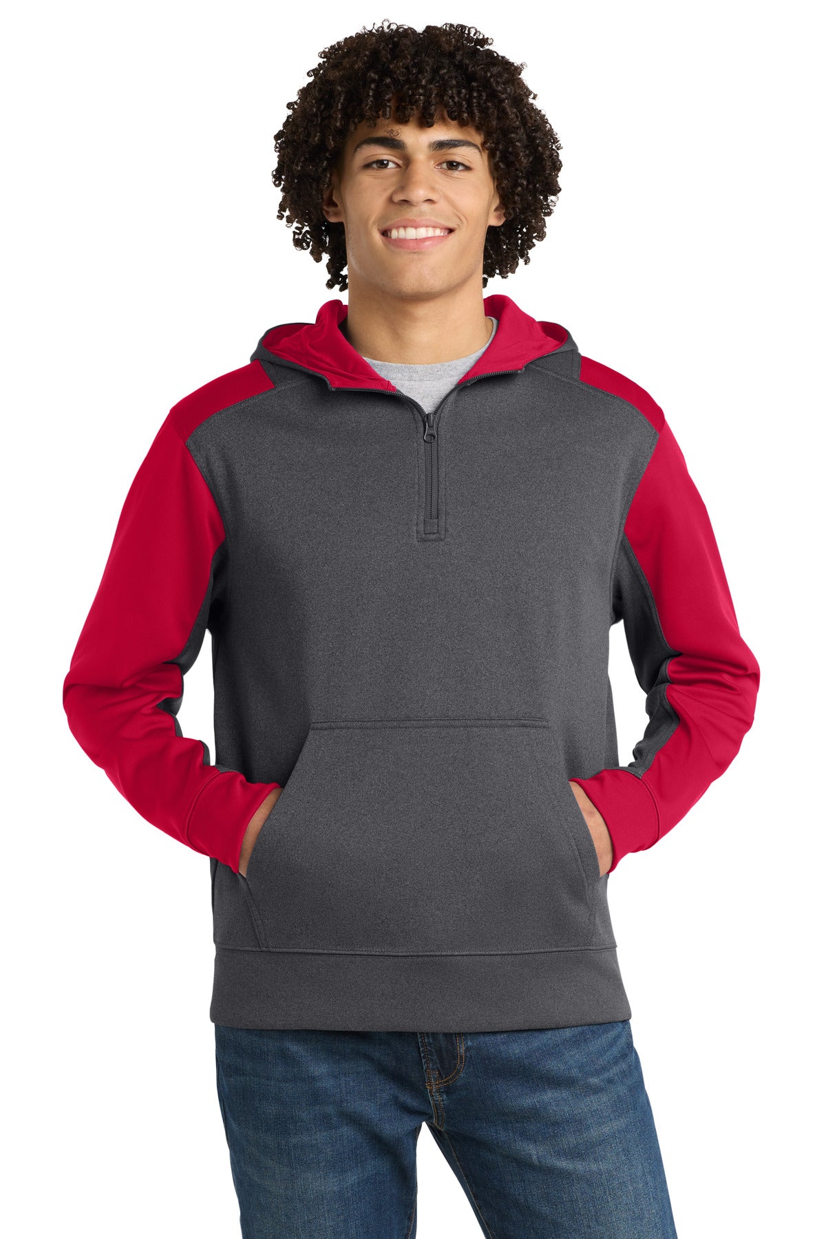 Sport-Tek  Tech Fleece Colorblock 1/4-Zip Hooded Sweatshirt - Graphite Heather/ True Red