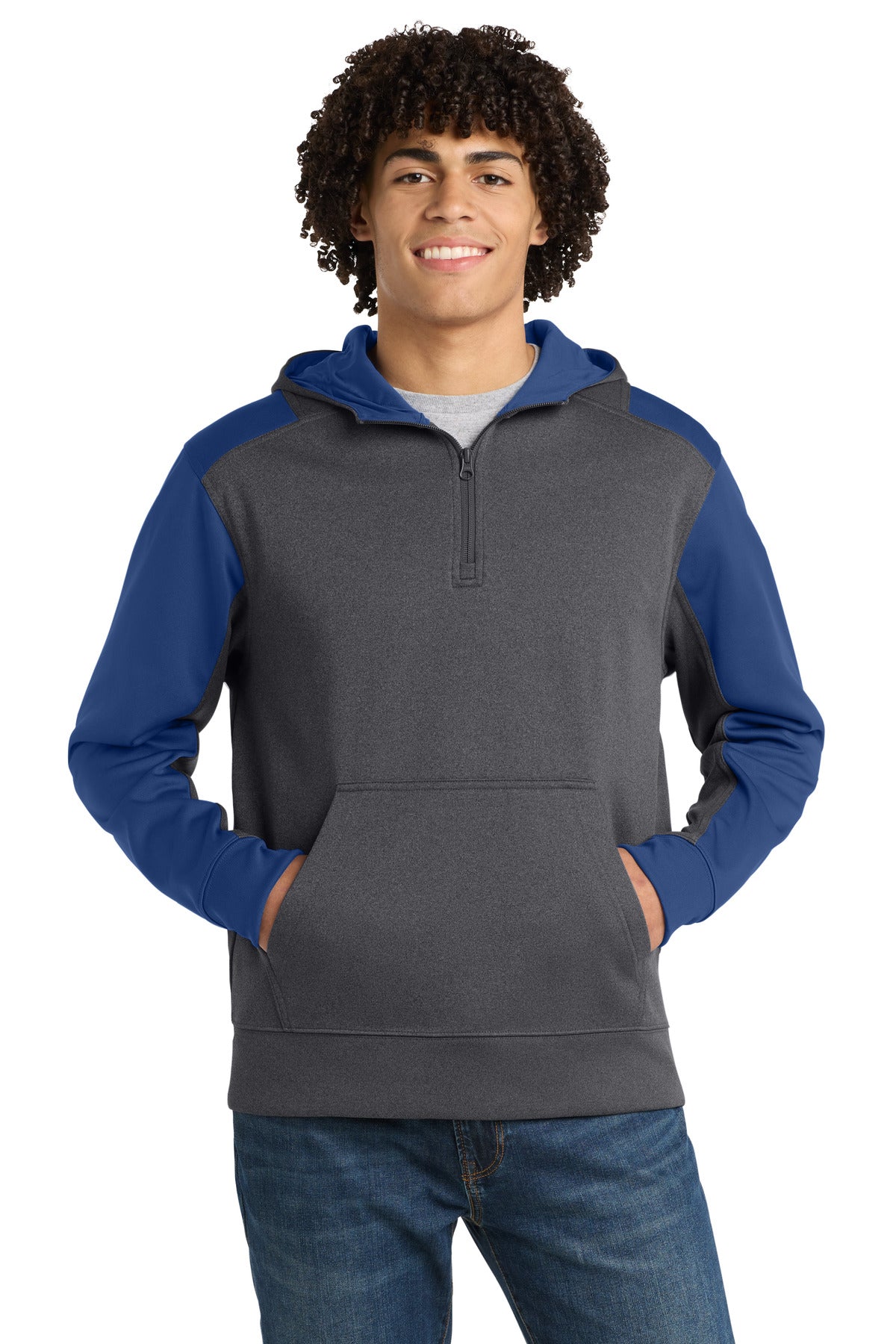 Sport-Tek  Tech Fleece Colorblock 1/4-Zip Hooded Sweatshirt - Graphite Heather/ True Royal