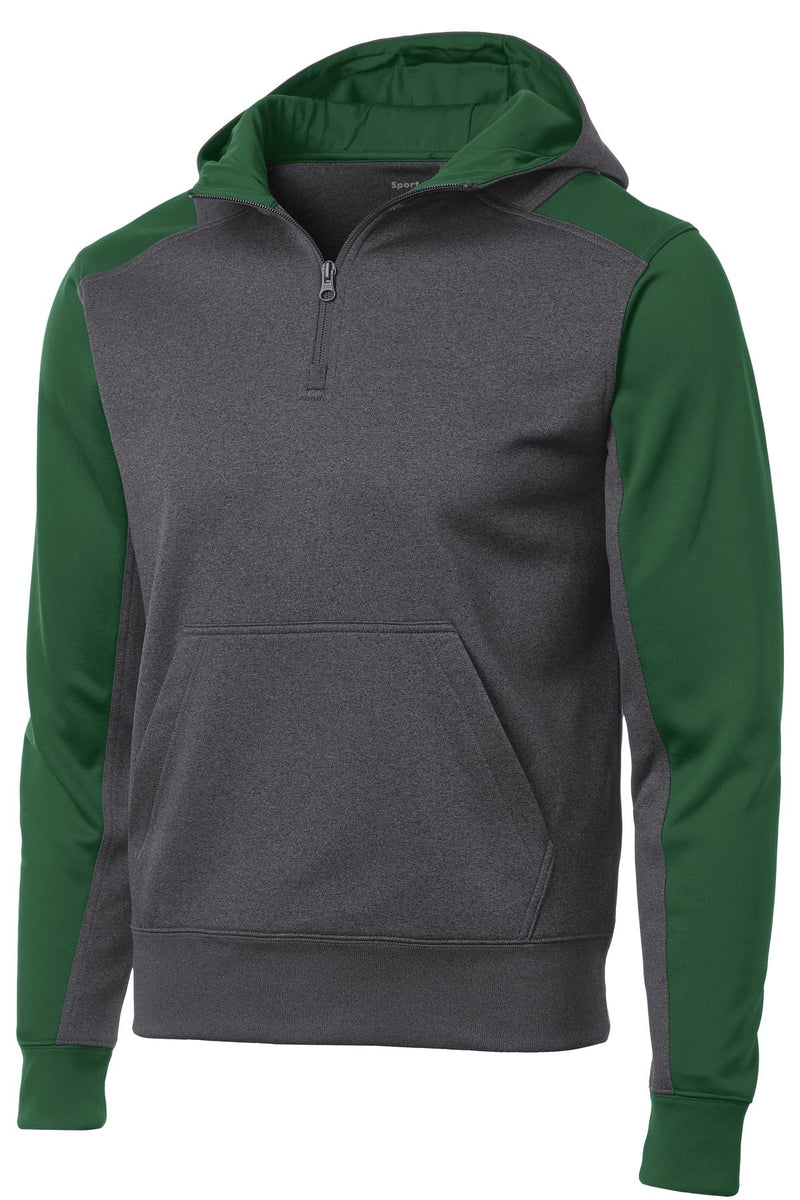Sport-Tek  Tech Fleece Colorblock 1/4-Zip Hooded Sweatshirt - Graphite Heather/ Forest Green