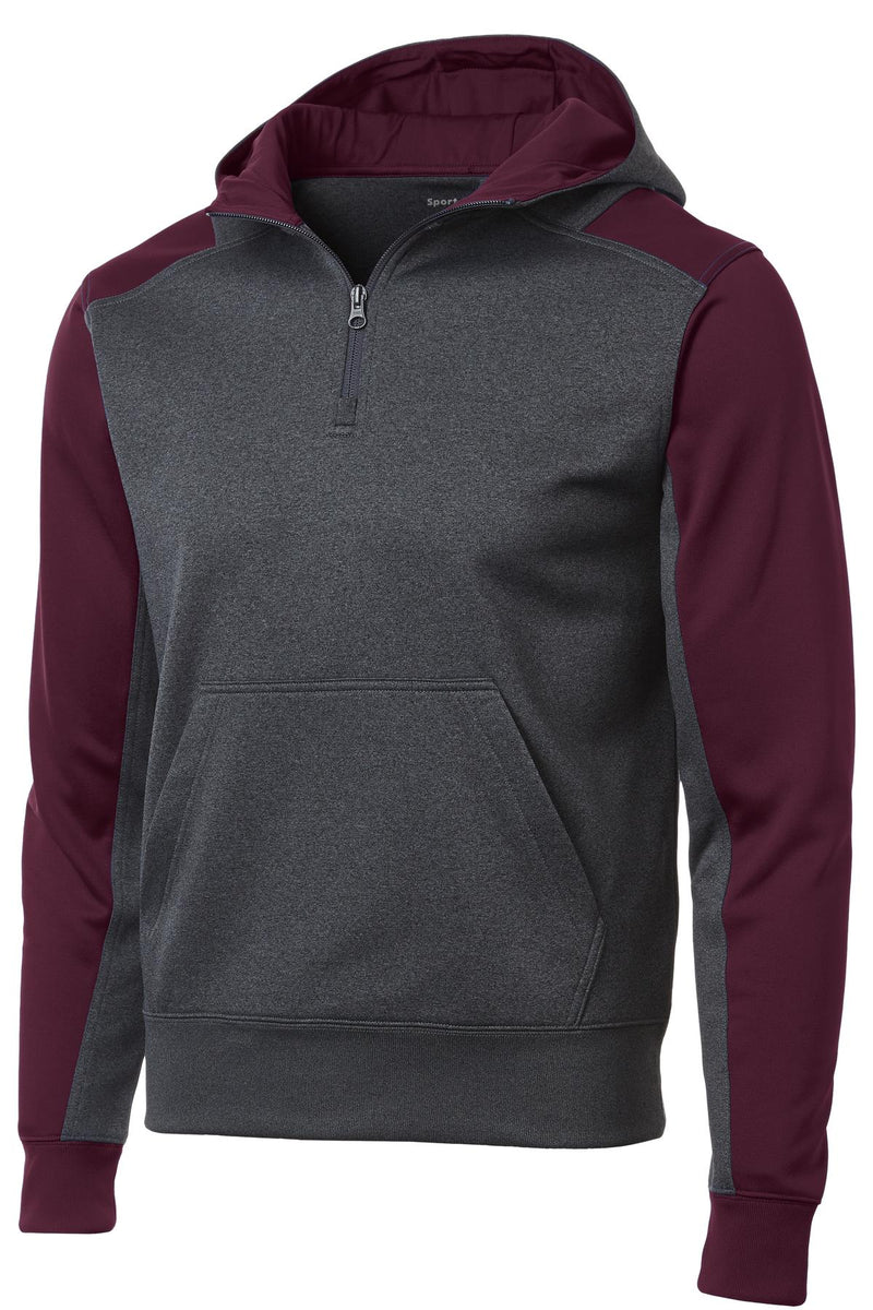 Sport-Tek  Tech Fleece Colorblock 1/4-Zip Hooded Sweatshirt - Graphite Heather/ Maroon