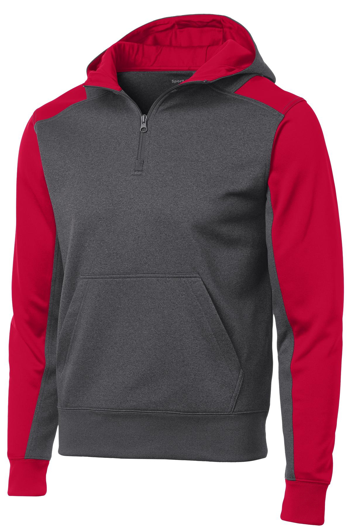 Sport-Tek  Tech Fleece Colorblock 1/4-Zip Hooded Sweatshirt - Graphite Heather/ True Red