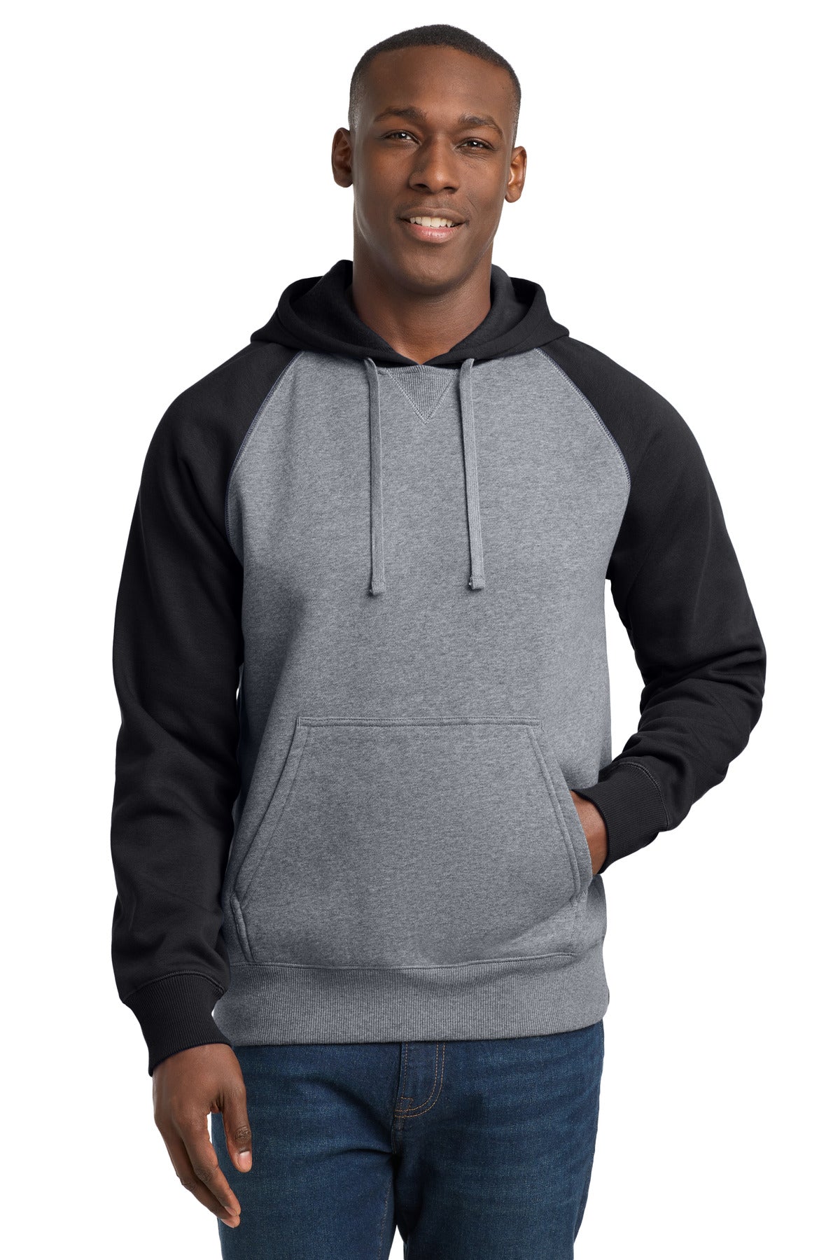 Sport-Tek Raglan Colorblock Pullover Hooded Sweatshirt - Black/ Vintage Heather
