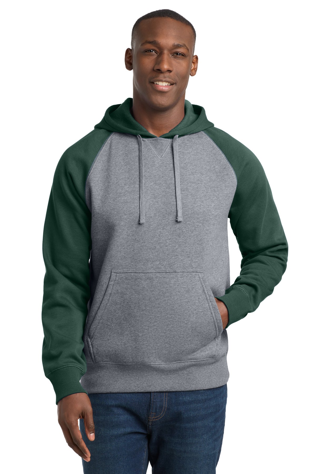 Sport-Tek Raglan Colorblock Pullover Hooded Sweatshirt - Forest Green/ Vintage Heather