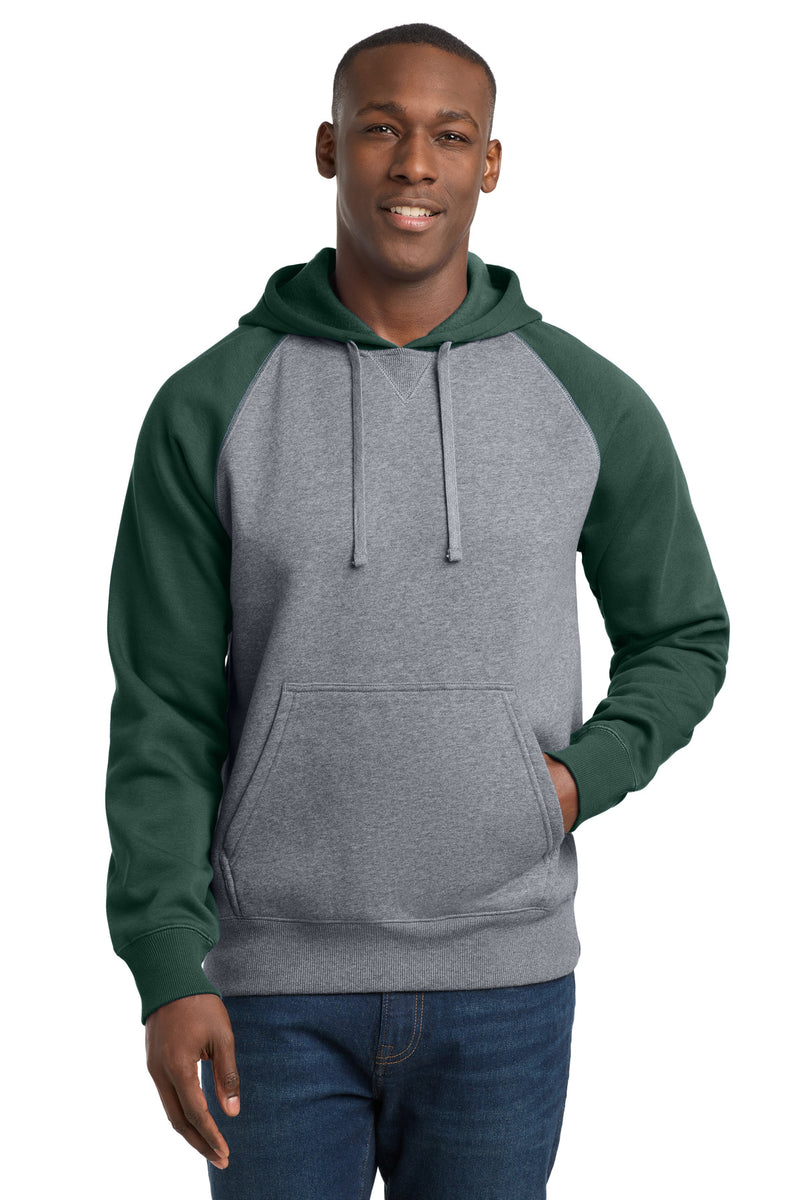 Sport-Tek Raglan Colorblock Pullover Hooded Sweatshirt - Forest Green/ Vintage Heather