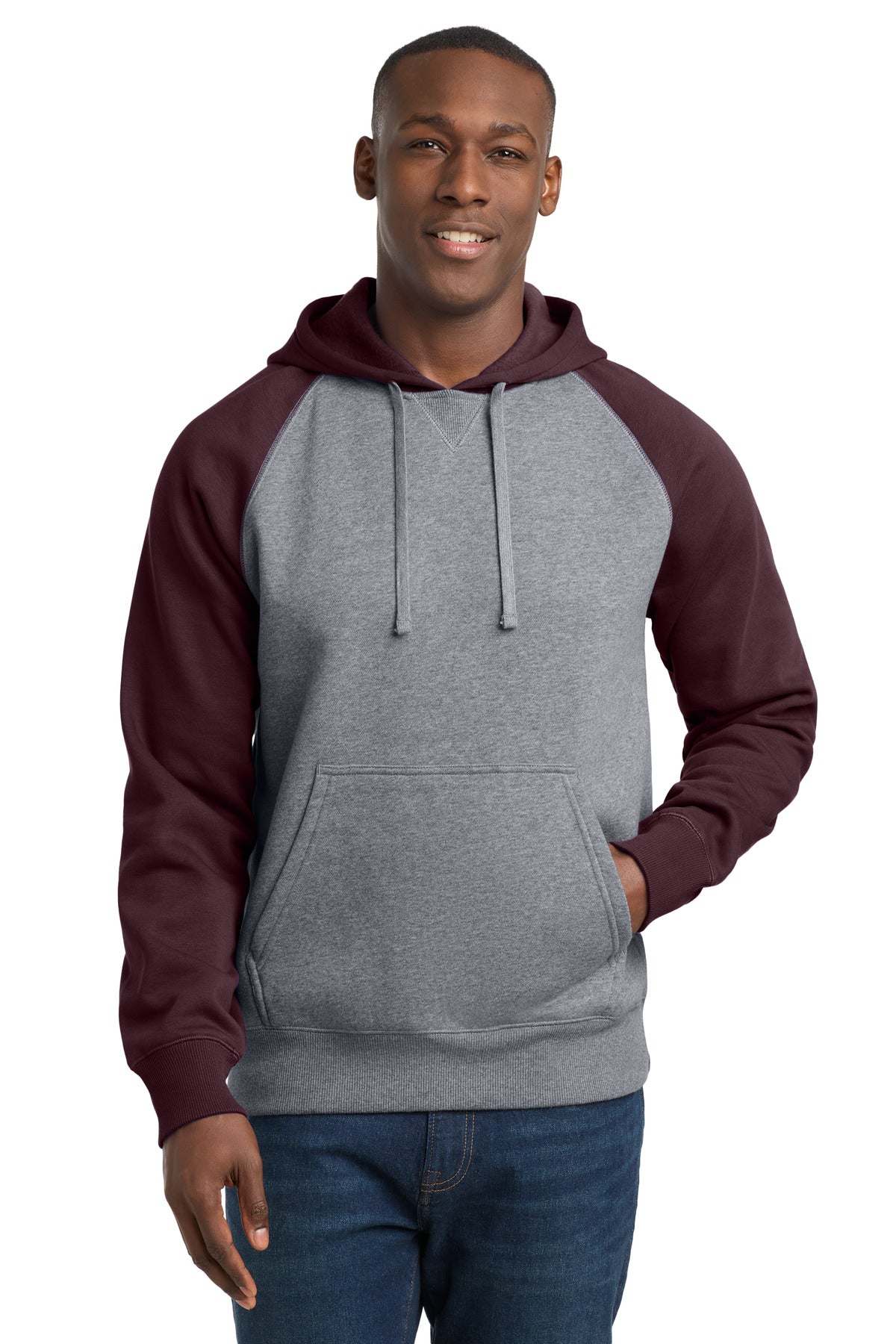 Sport-Tek Raglan Colorblock Pullover Hooded Sweatshirt - Maroon/ Vintage Heather