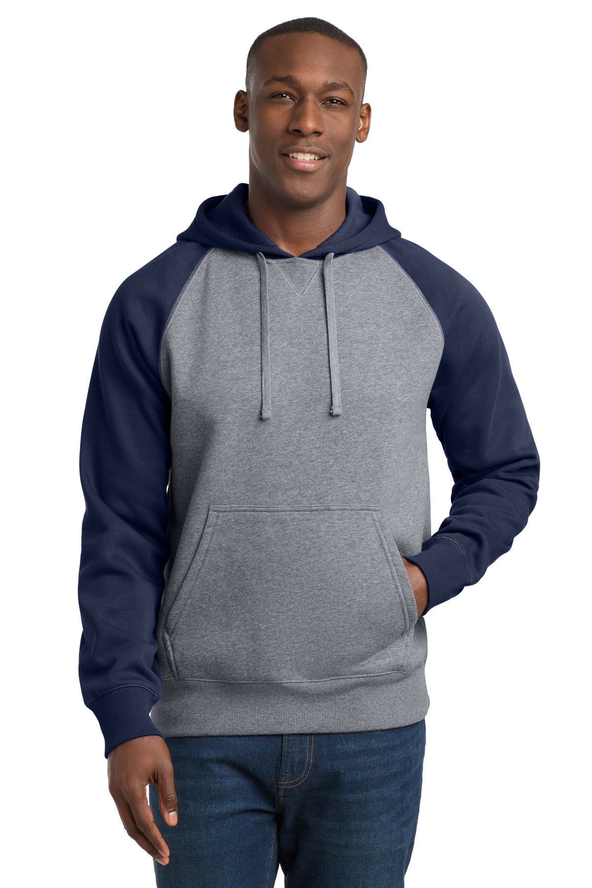 Sport-Tek Raglan Colorblock Pullover Hooded Sweatshirt - True Navy/ Vintage Heather