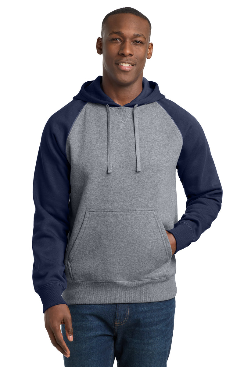 Sport-Tek Raglan Colorblock Pullover Hooded Sweatshirt - True Navy/ Vintage Heather