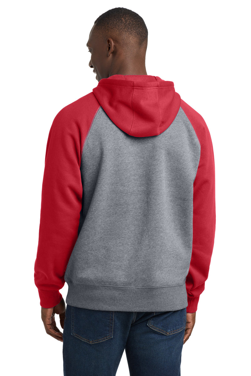 Sport-Tek Raglan Colorblock Pullover Hooded Sweatshirt - True Red/ Vintage Heather