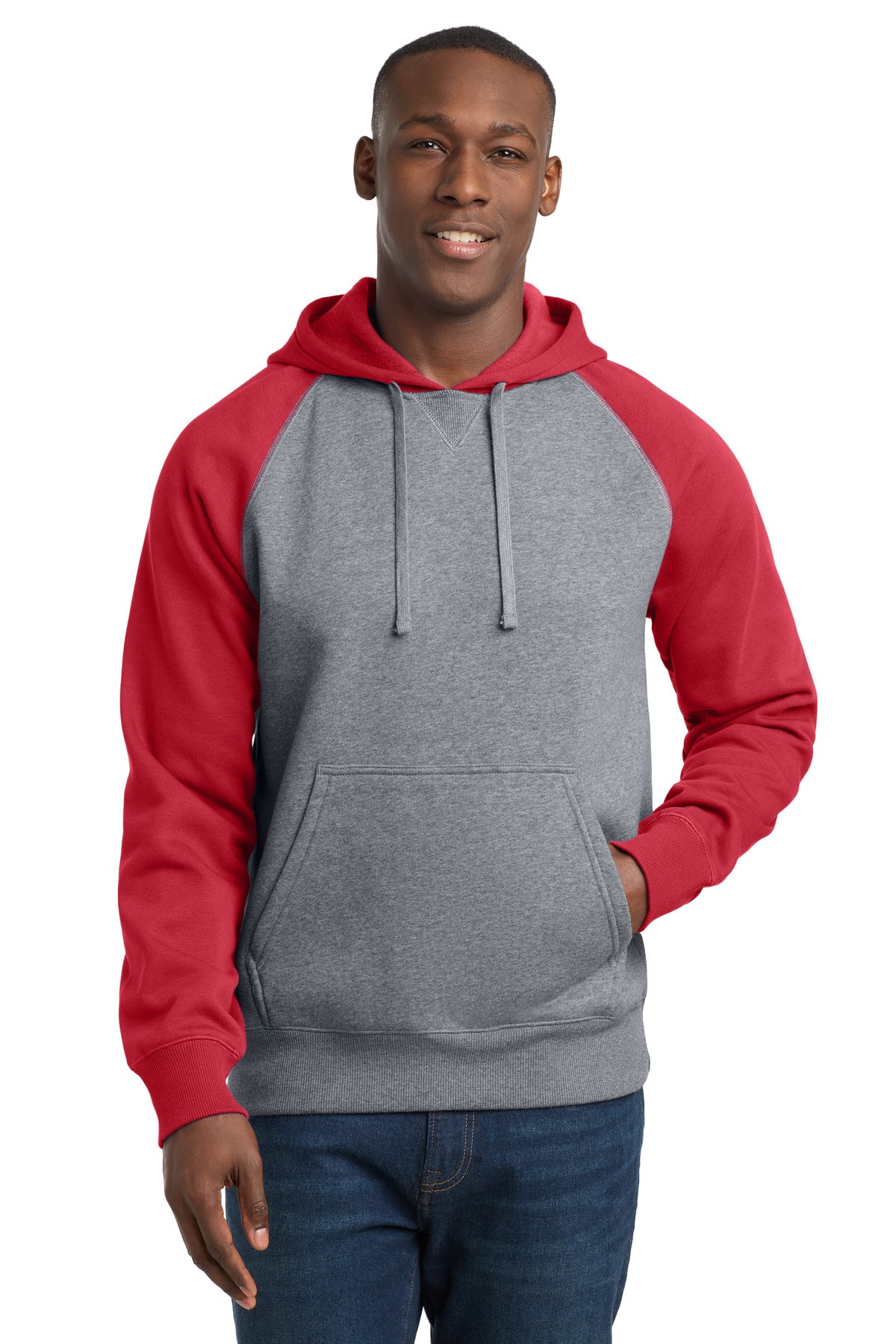 Sport-Tek Raglan Colorblock Pullover Hooded Sweatshirt - True Red/ Vintage Heather