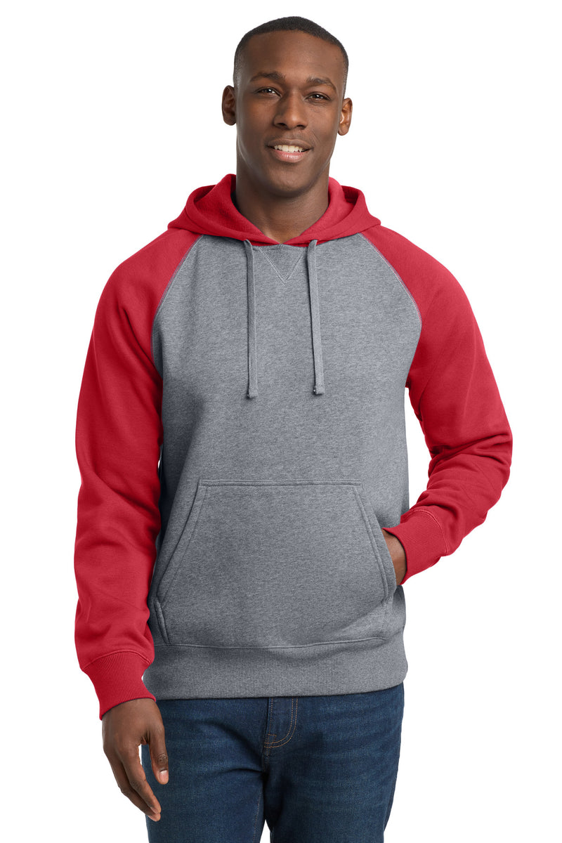 Sport-Tek Raglan Colorblock Pullover Hooded Sweatshirt - True Red/ Vintage Heather