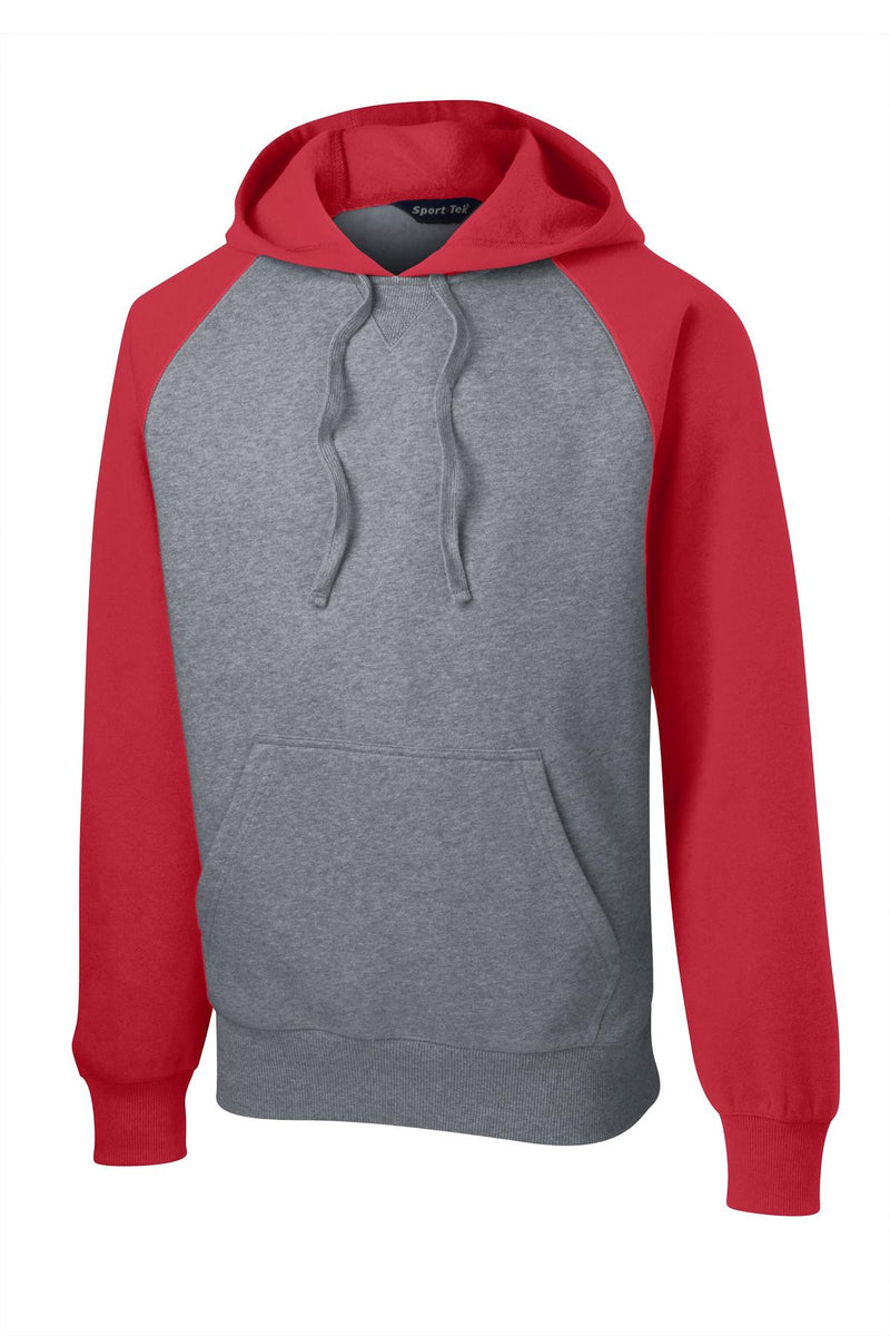 Sport-Tek Raglan Colorblock Pullover Hooded Sweatshirt - True Red/ Vintage Heather
