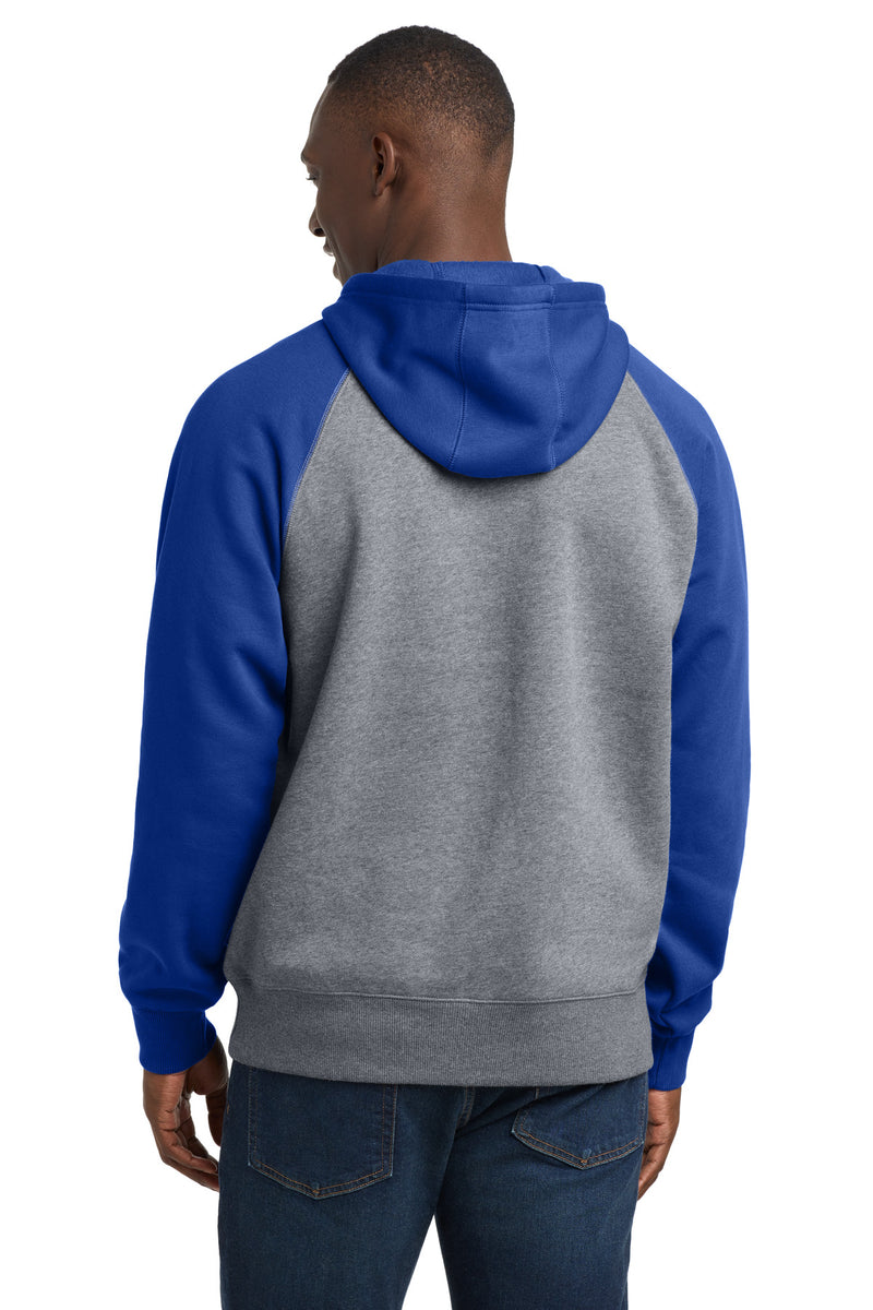 Sport-Tek Raglan Colorblock Pullover Hooded Sweatshirt - True Royal/ Vintage Heather