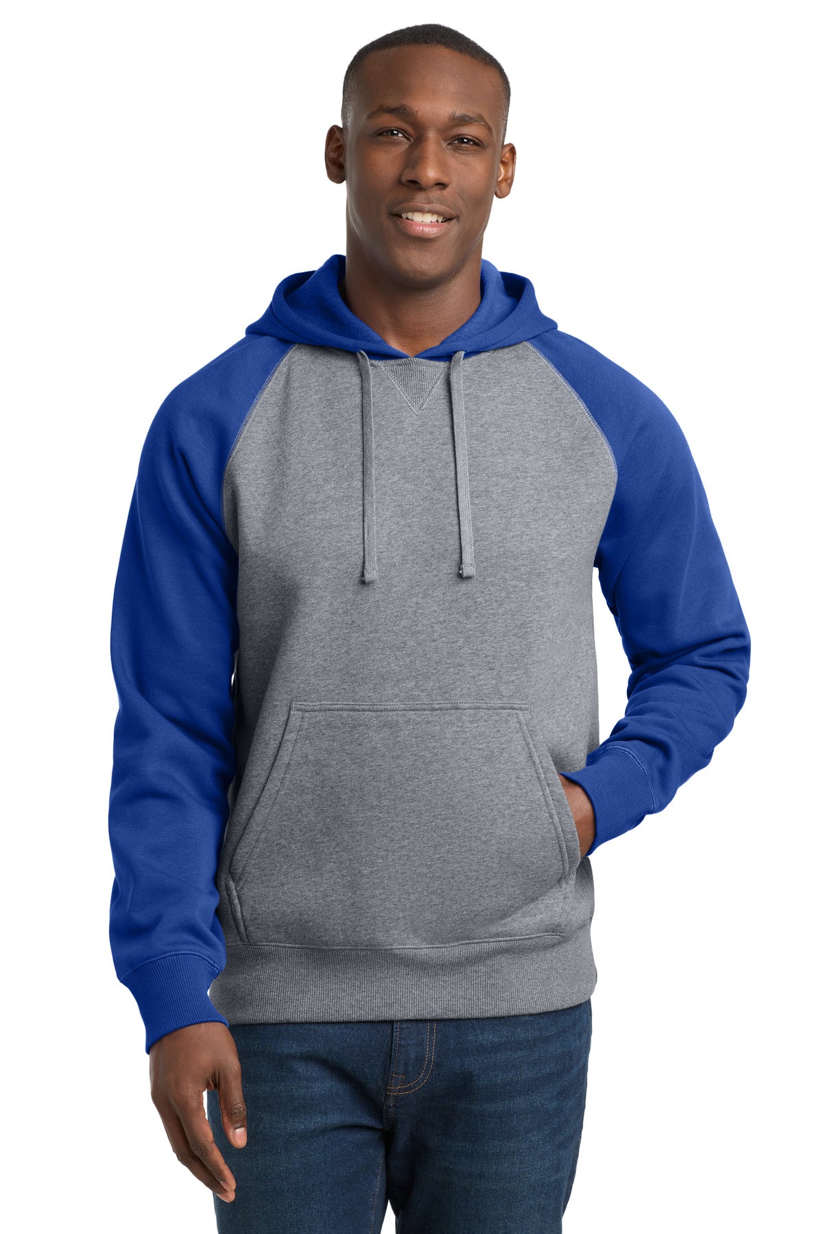 Sport-Tek Raglan Colorblock Pullover Hooded Sweatshirt - True Royal/ Vintage Heather