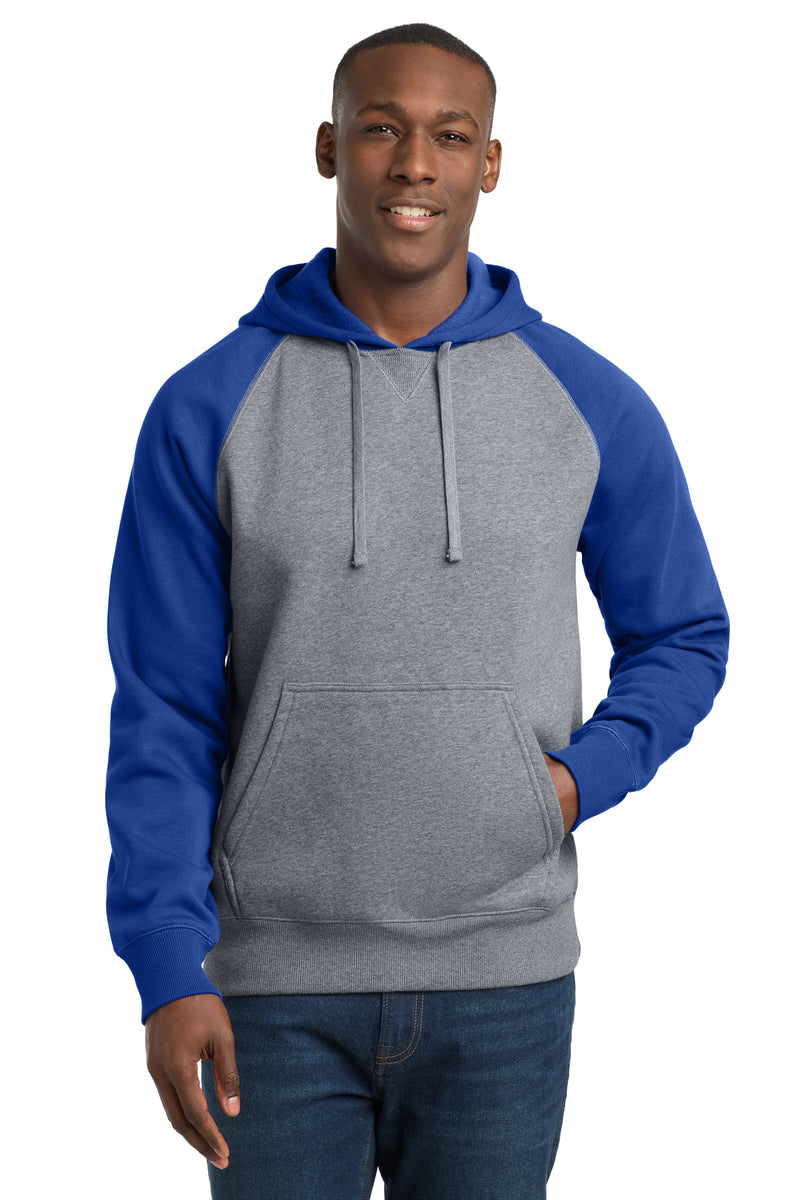 Sport-Tek Raglan Colorblock Pullover Hooded Sweatshirt - True Royal/ Vintage Heather