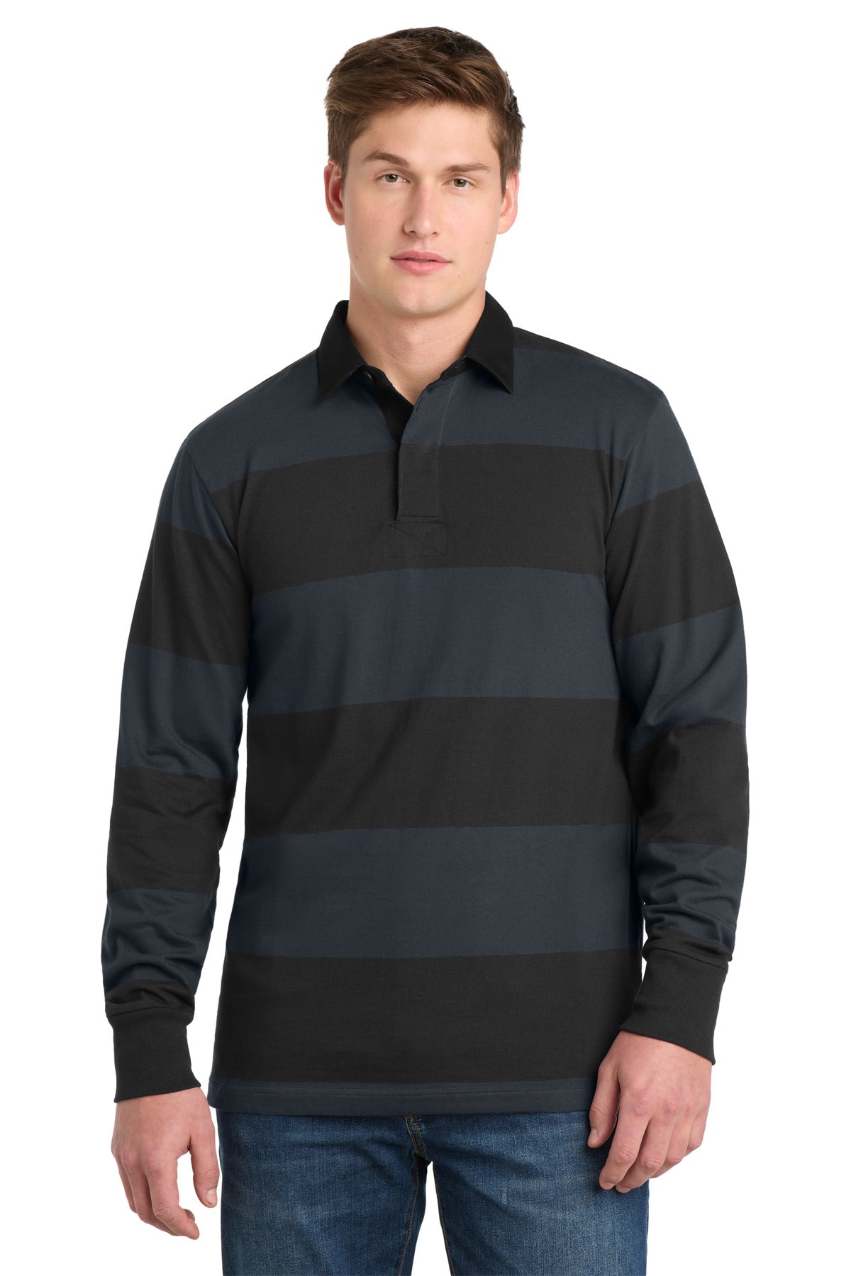Sport-Tek Classic Long Sleeve Rugby Polo - Black/ Graphite