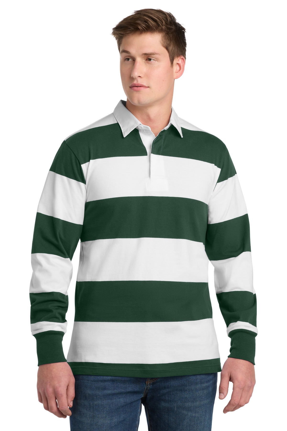 Sport-Tek Classic Long Sleeve Rugby Polo - Forest Green/ White