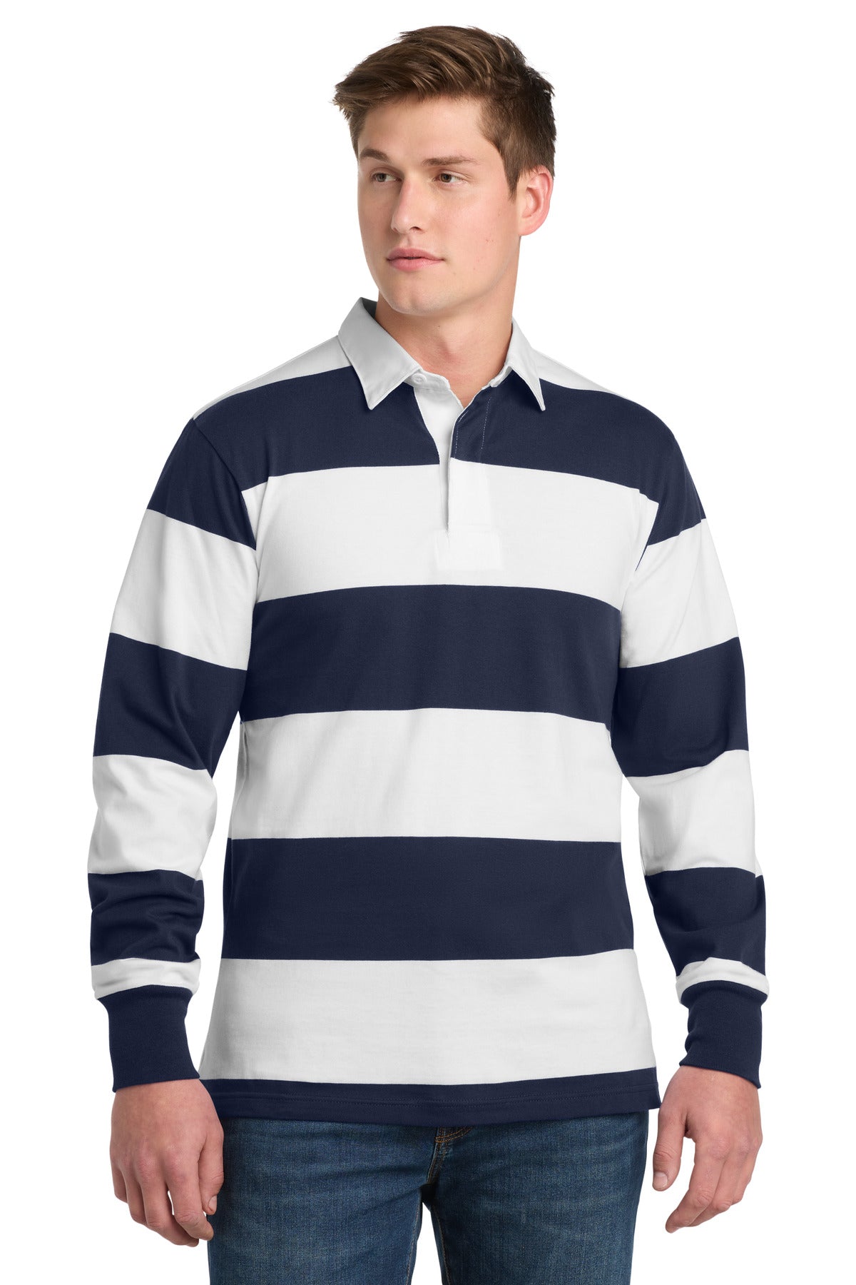 Sport-Tek Classic Long Sleeve Rugby Polo - True Navy/ White