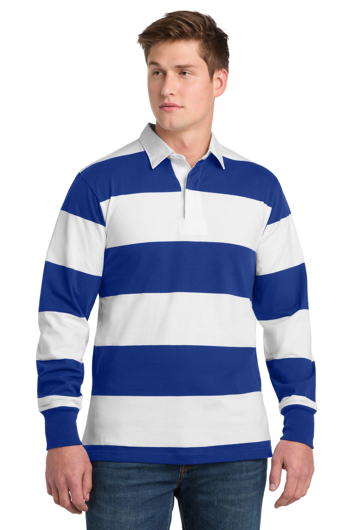 Sport-Tek Classic Long Sleeve Rugby Polo - True Royal/ White