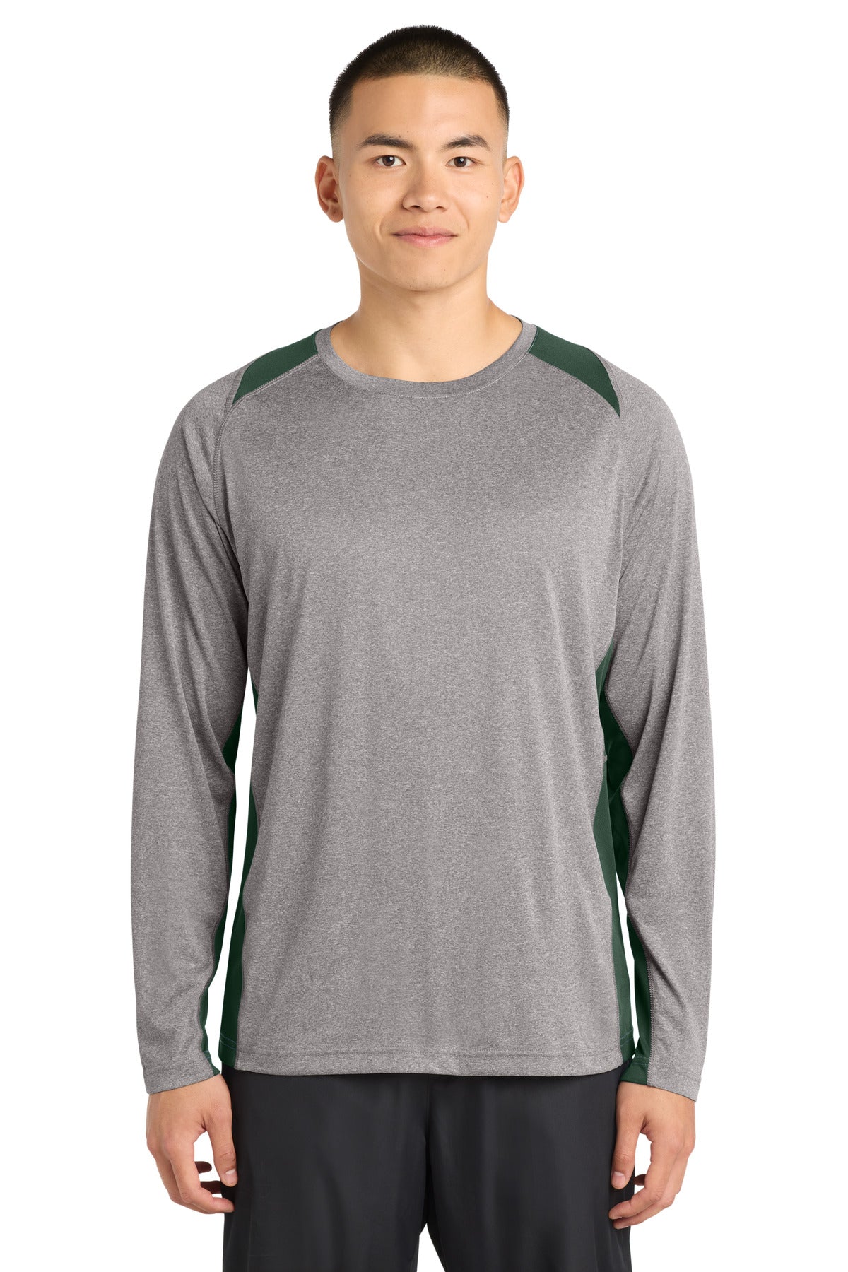 Sport-Tek Long Sleeve Heather Colorblock Contender Tee - Vintage Heather/ Forest Green