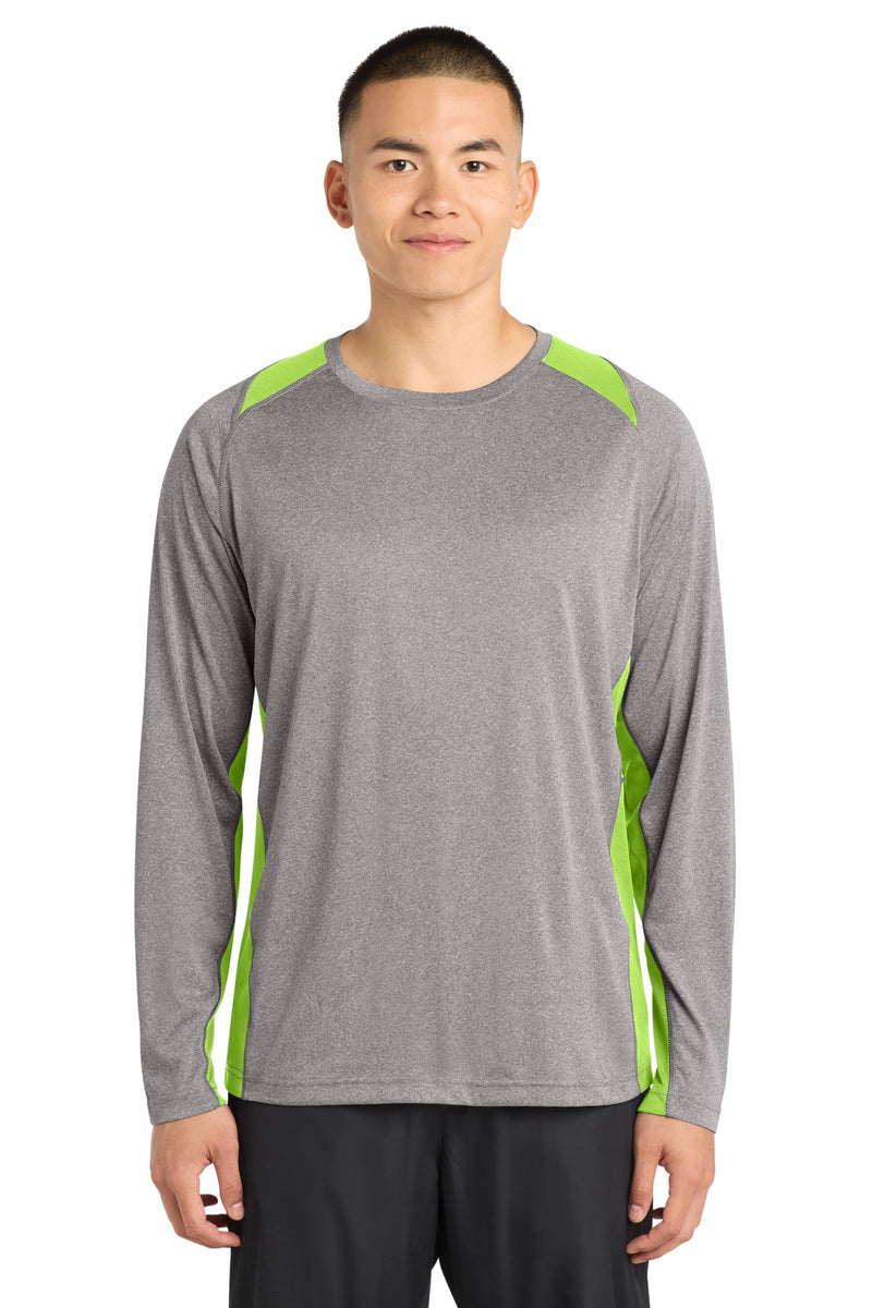 Sport-Tek Long Sleeve Heather Colorblock Contender Tee - Vintage Heather/ Lime Shock